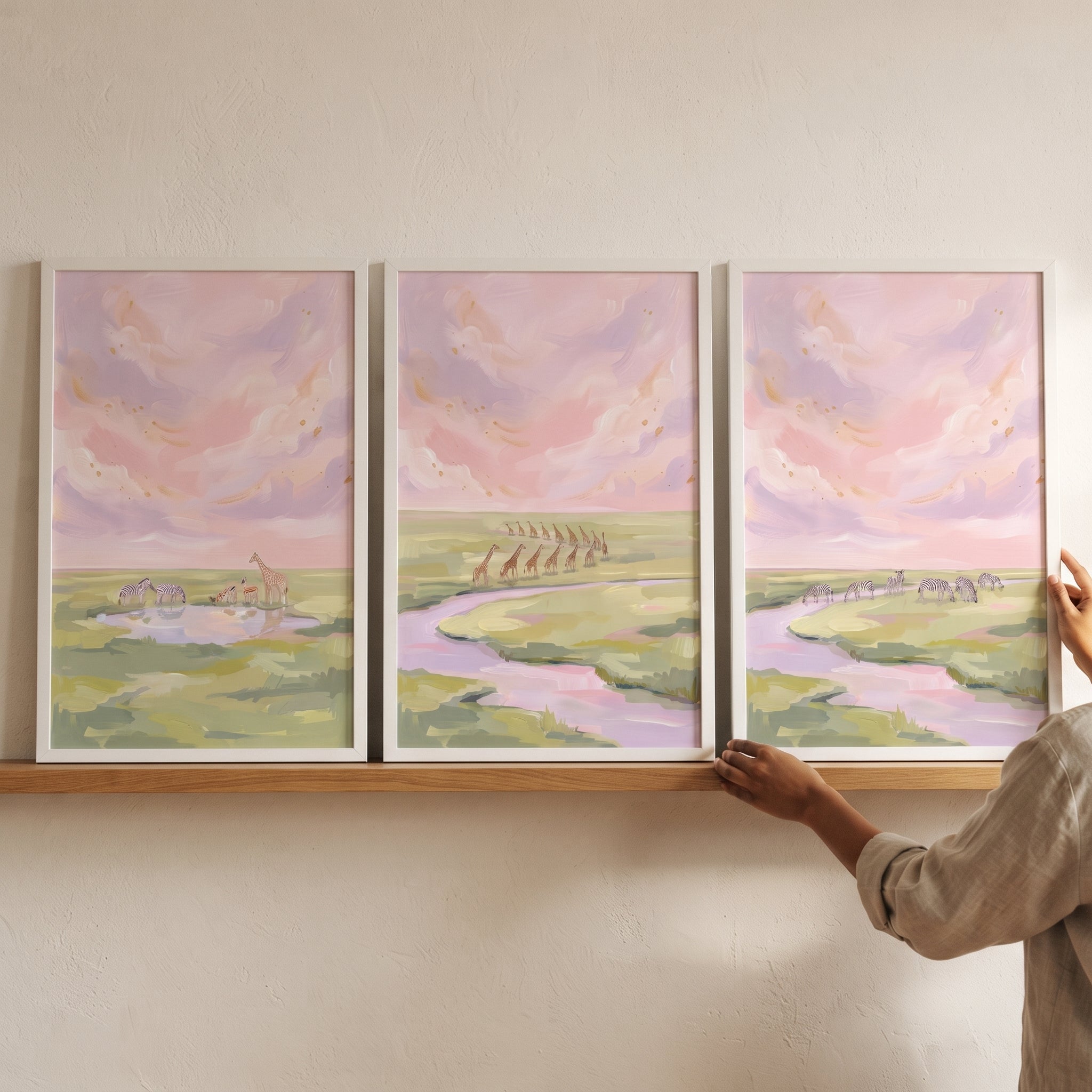 Soft Blush Savanna Animals Wall Art Set of 3 - Soft Savannah Horizon