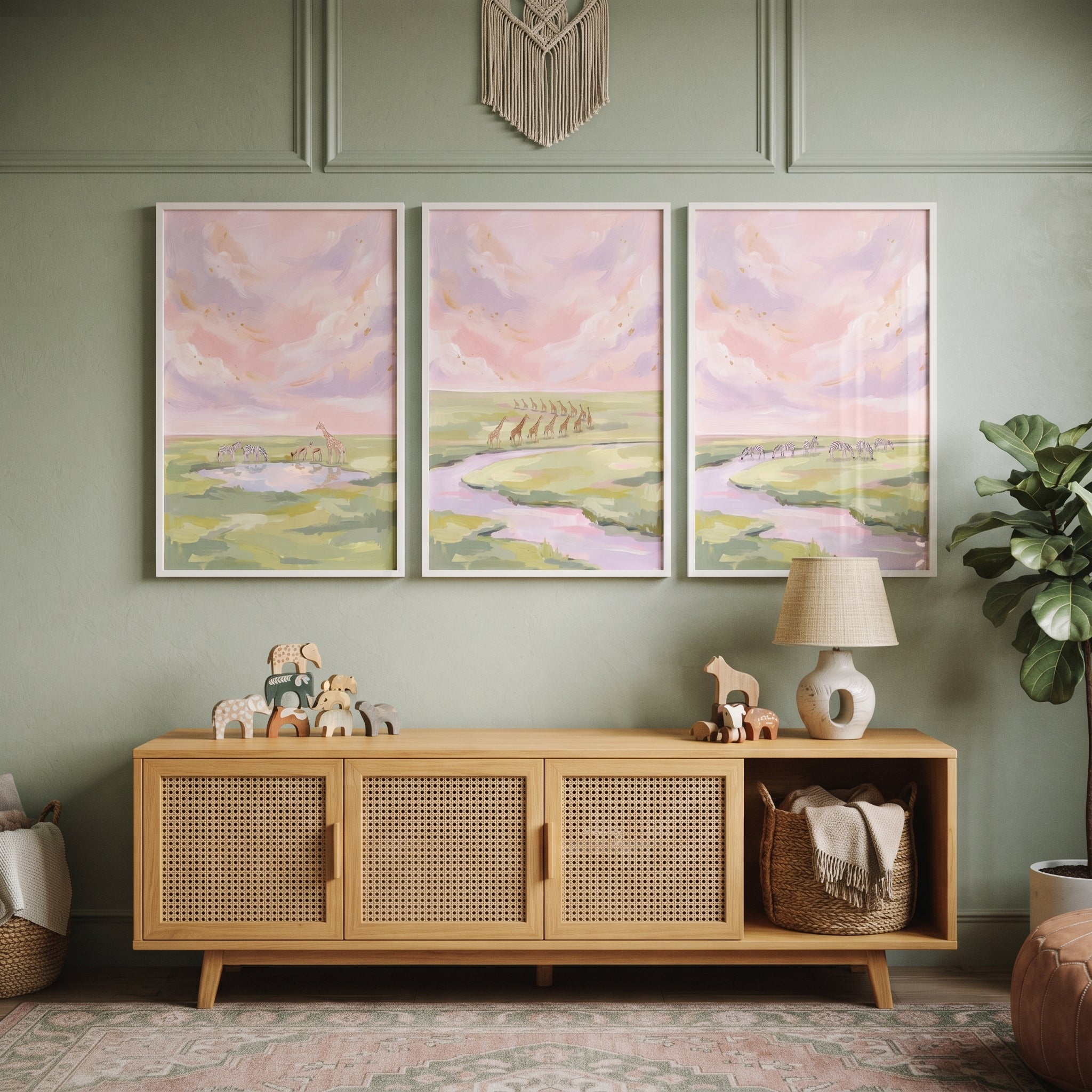 Soft Blush Savanna Animals Wall Art Set of 3 - Soft Savannah Horizon