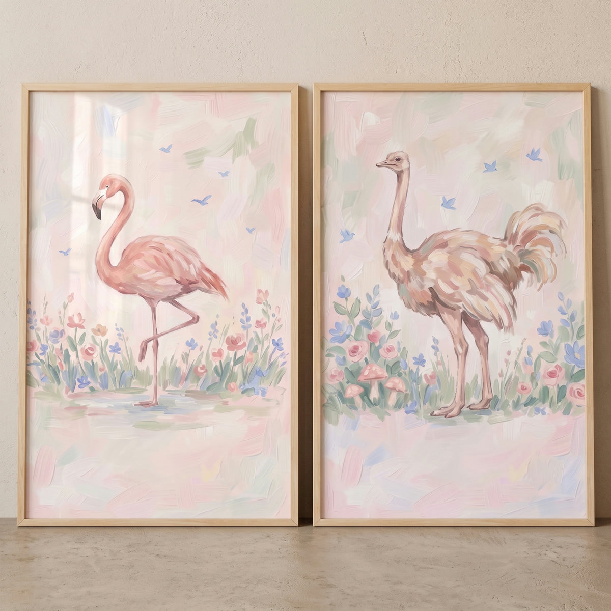 Soft Blush Savanna Birds Wall Art Set of 2 - Pastel Bird Duo