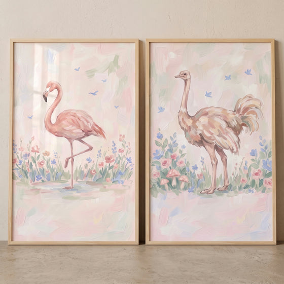Soft blush savanna birds wall art set of 2. A flamingo and ostrich stand in a pastel meadow with blue birds.