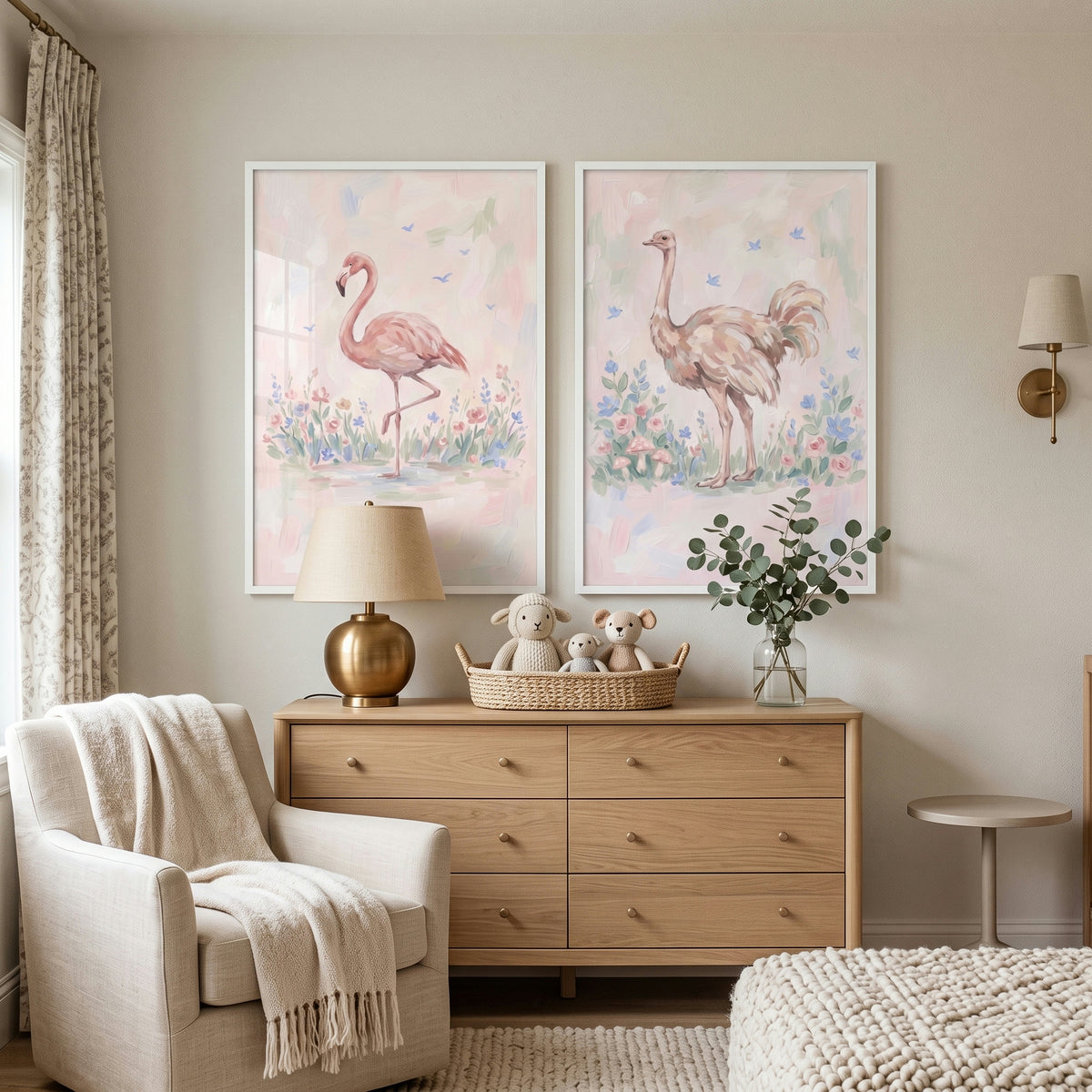 Soft Blush Savanna Birds Wall Art Set of 2 - Pastel Bird Duo