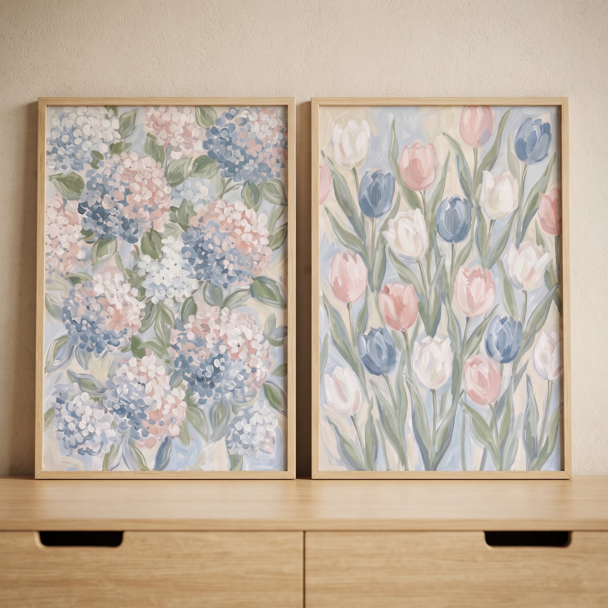 Soft Blush Spring Bloom Floral Wall Art Set of 2 - Pastel Floral Duo