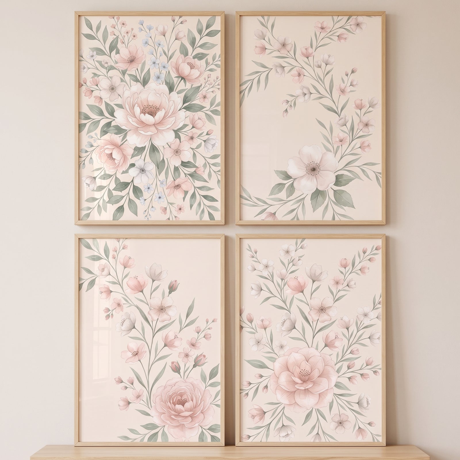 Soft blush watercolor floral wall art set of 4 featuring delicate pink blossoms and green leaves in light wood frames.