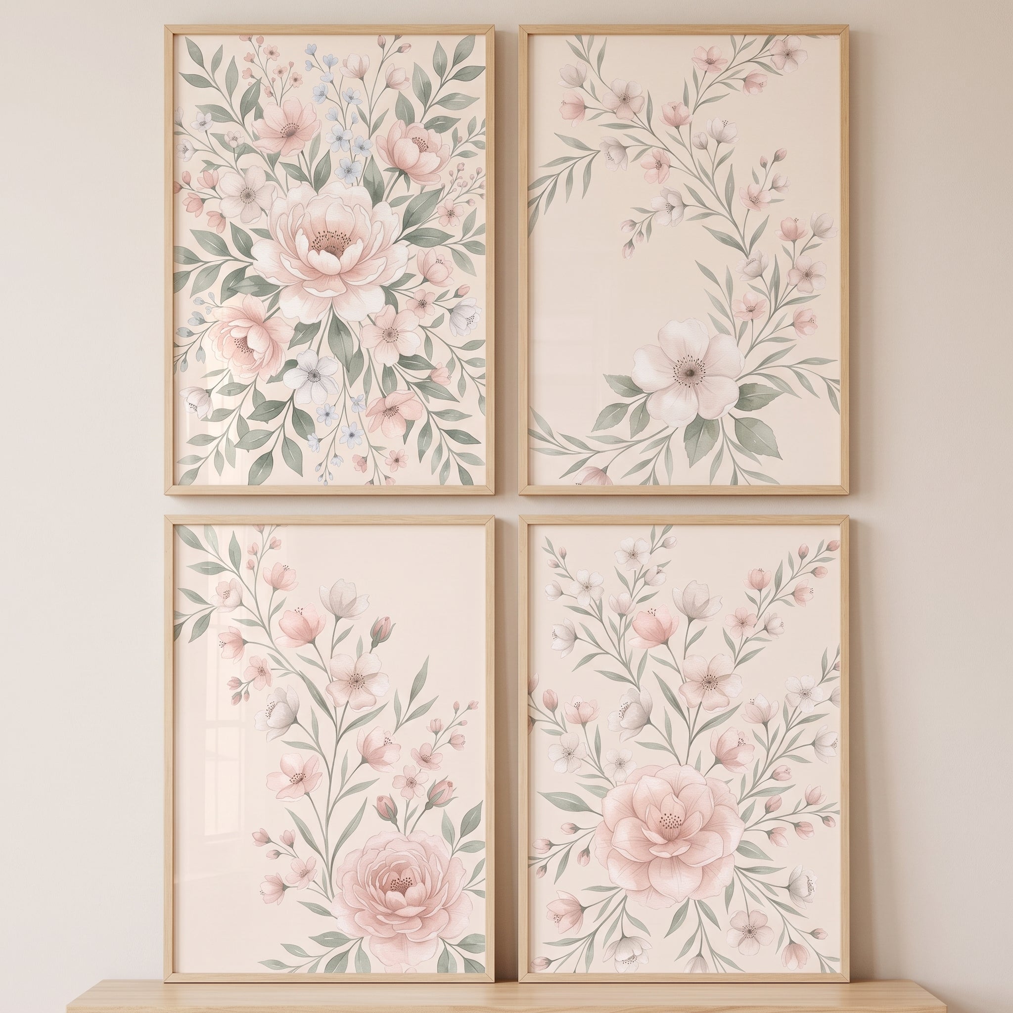 Soft Blush Watercolor Floral Wall Art Set of 4 - Blushing Peony Blooms