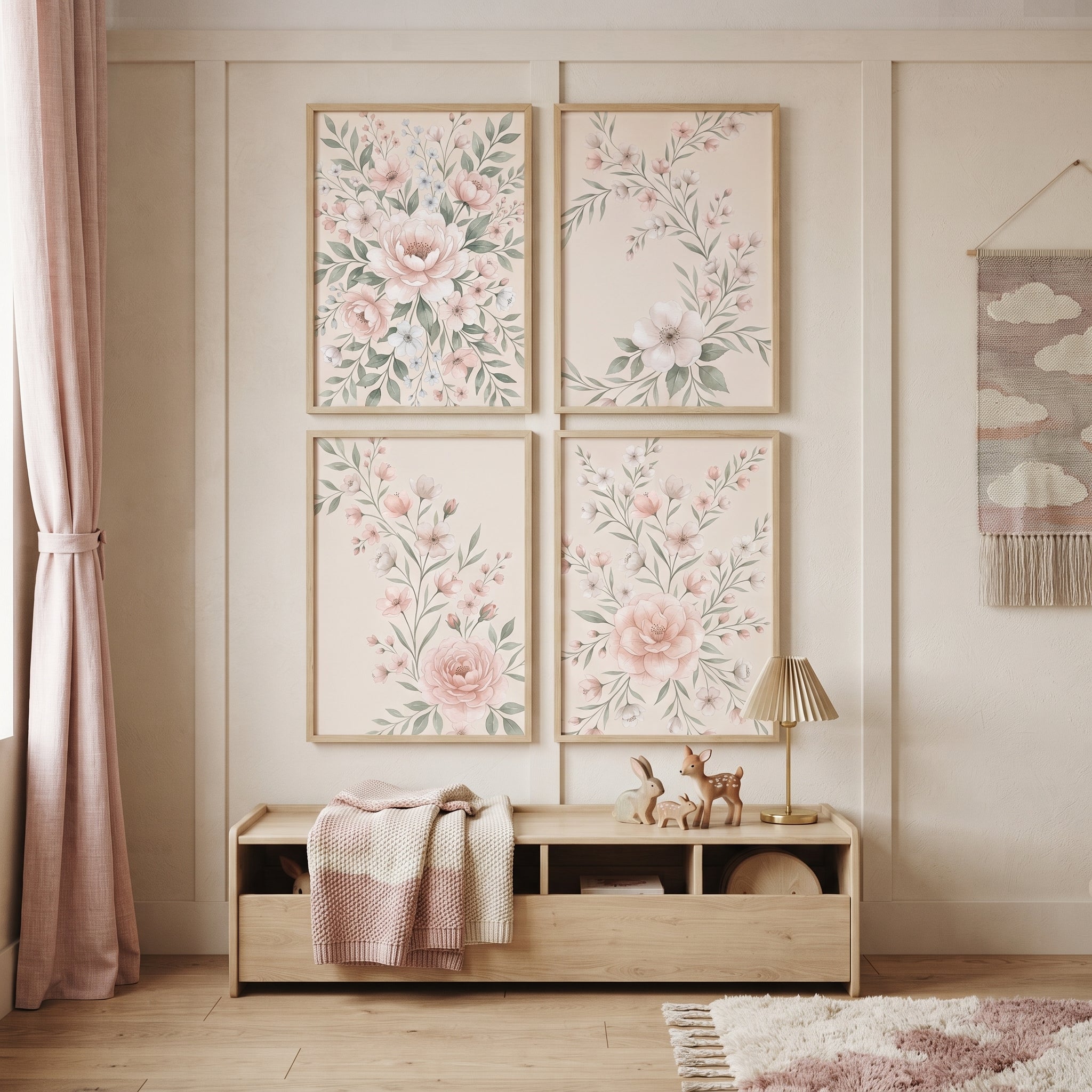 Soft Blush Watercolor Floral Wall Art Set of 4 - Blushing Peony Blooms