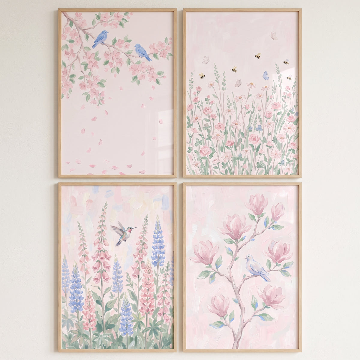 Soft blush watercolor garden wall art set of 4 featuring blue birds, bees, and pink flowers in a light pastel palette.