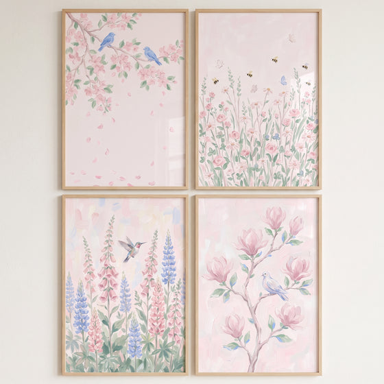 Soft blush watercolor garden wall art set of 4 featuring blue birds, bees, and pink flowers in a light pastel palette.