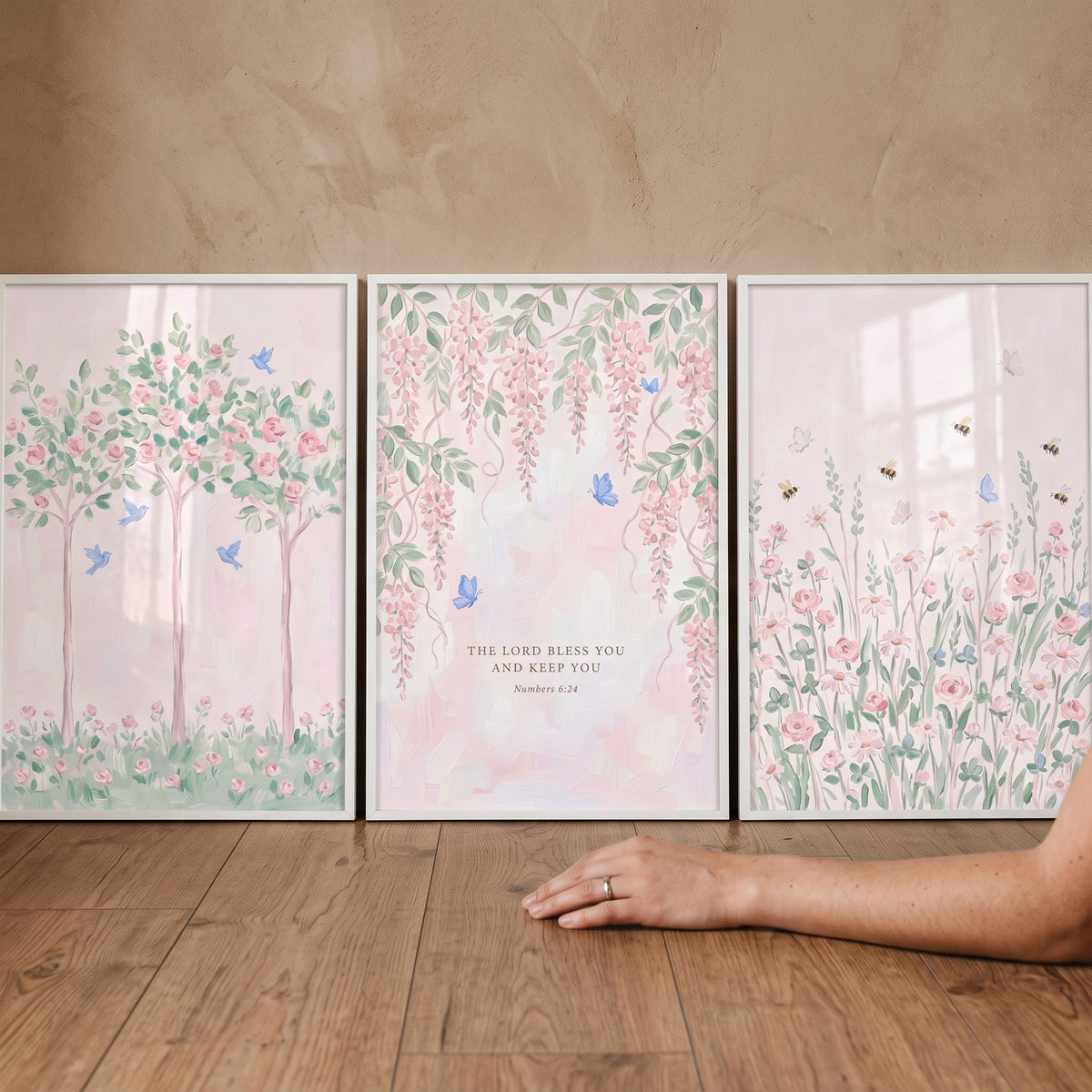 Soft Blush Whimsical Garden Wall Art Set of 3 - Serene Nature Verse