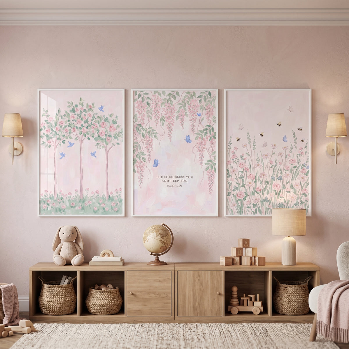 Soft Blush Whimsical Garden Wall Art Set of 3 - Serene Nature Verse