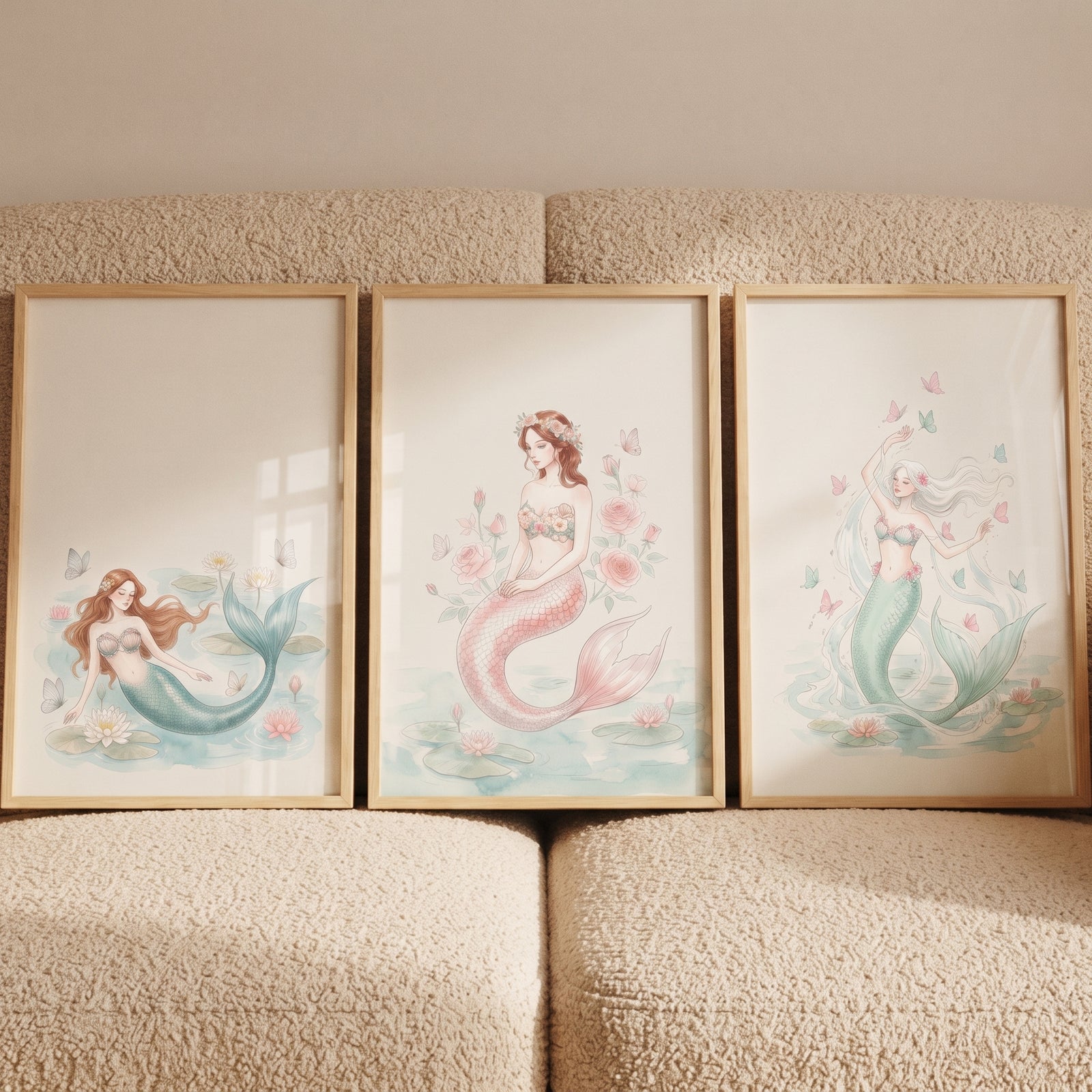 Soft botanical fairytale mermaid wall art set of 3 in light wood frames, resting on a neutral textured couch.