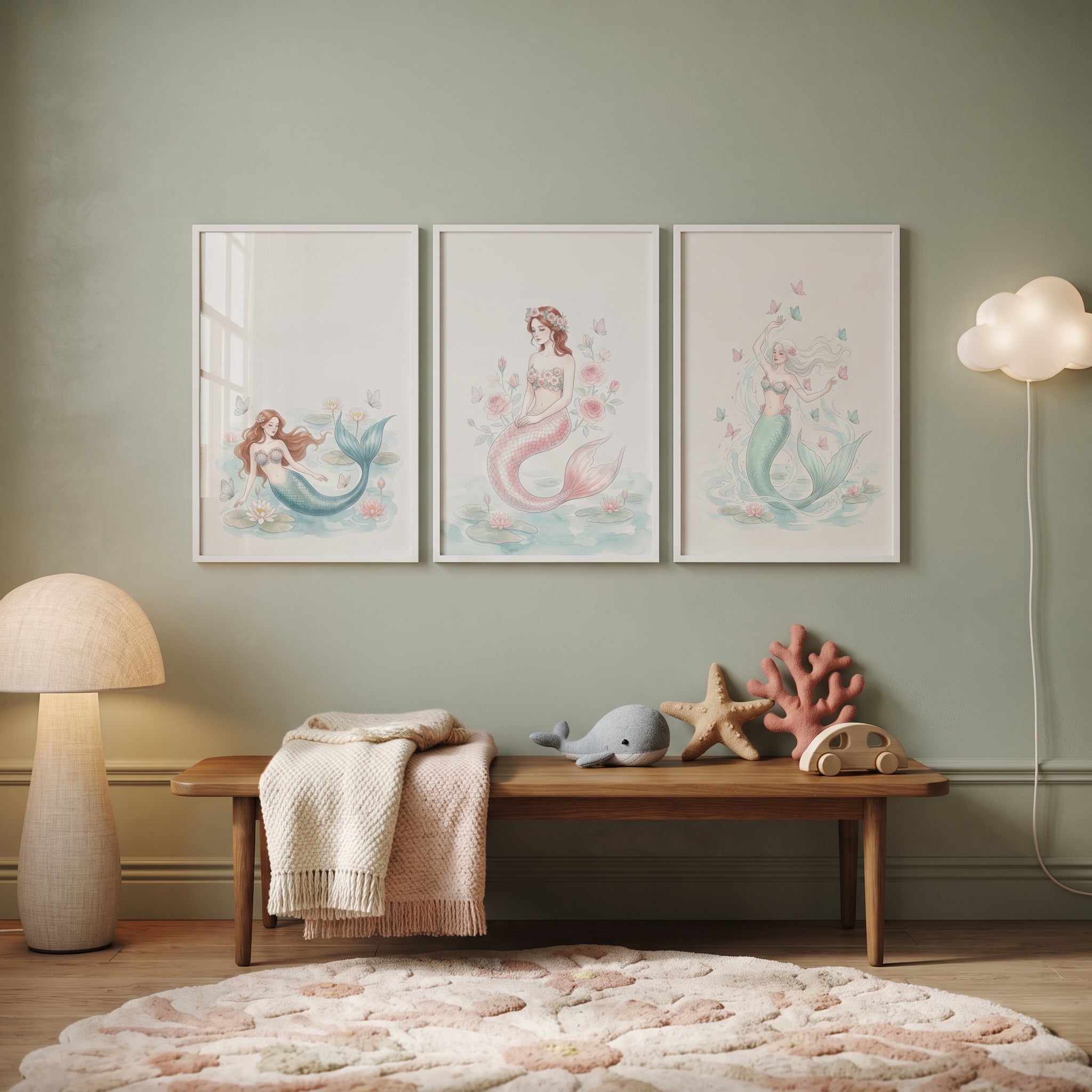 Soft Botanical Fairytale Mermaid Wall Art Set of 3 - Pastel Mermaid Trio