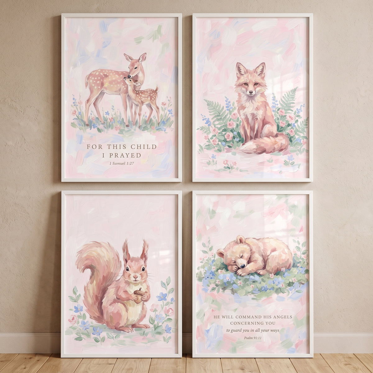 Soft Botanical Forest Animals Wall Art Set of 4 - Faithful Woodland Creatures