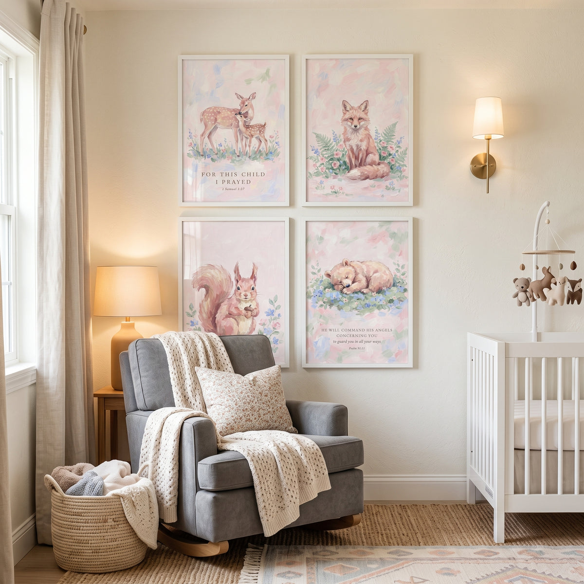 Soft Botanical Forest Animals Wall Art Set of 4 - Faithful Woodland Creatures
