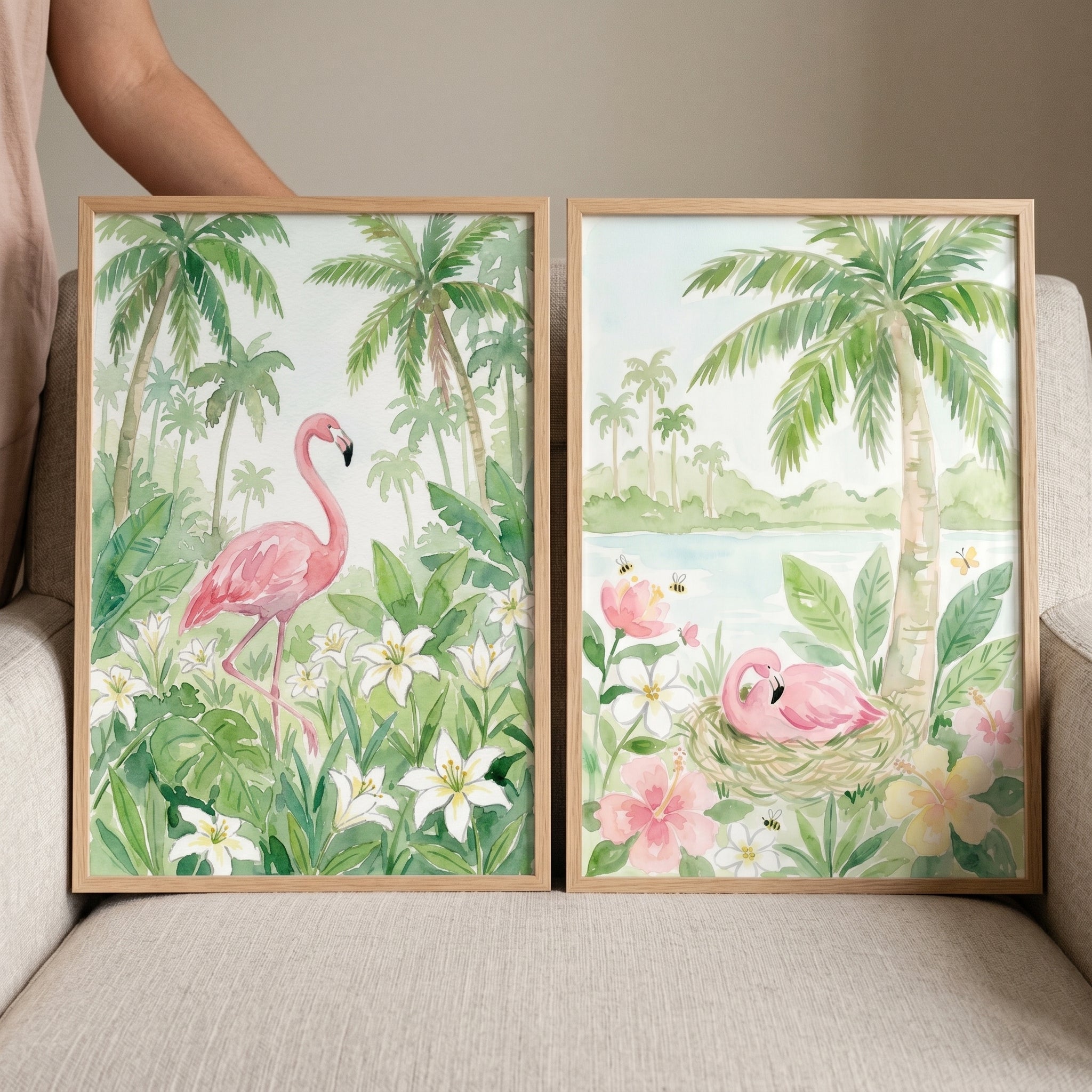 Soft Botanical Pink Flamingo Wall Art Set Of 2 - Tropical Flamingo Paradise