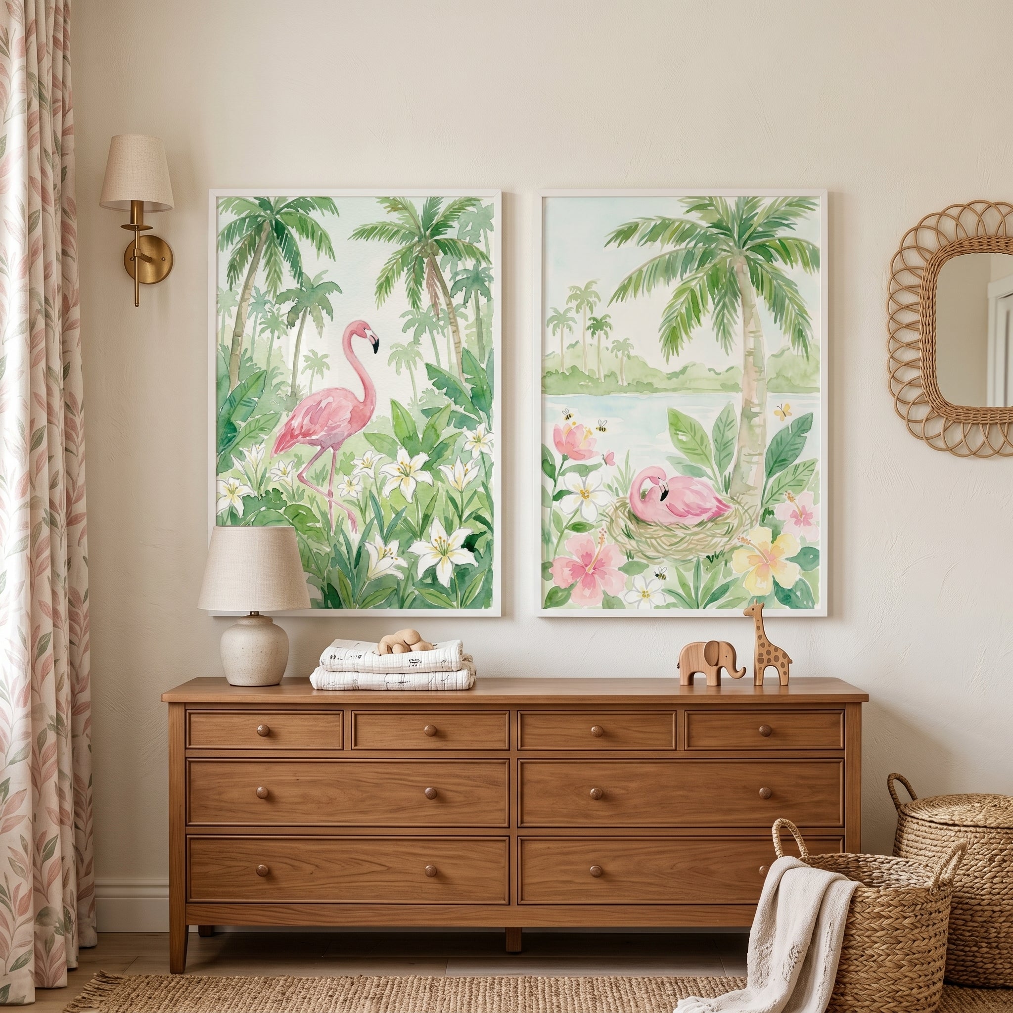 Soft Botanical Pink Flamingo Wall Art Set Of 2 - Tropical Flamingo Paradise