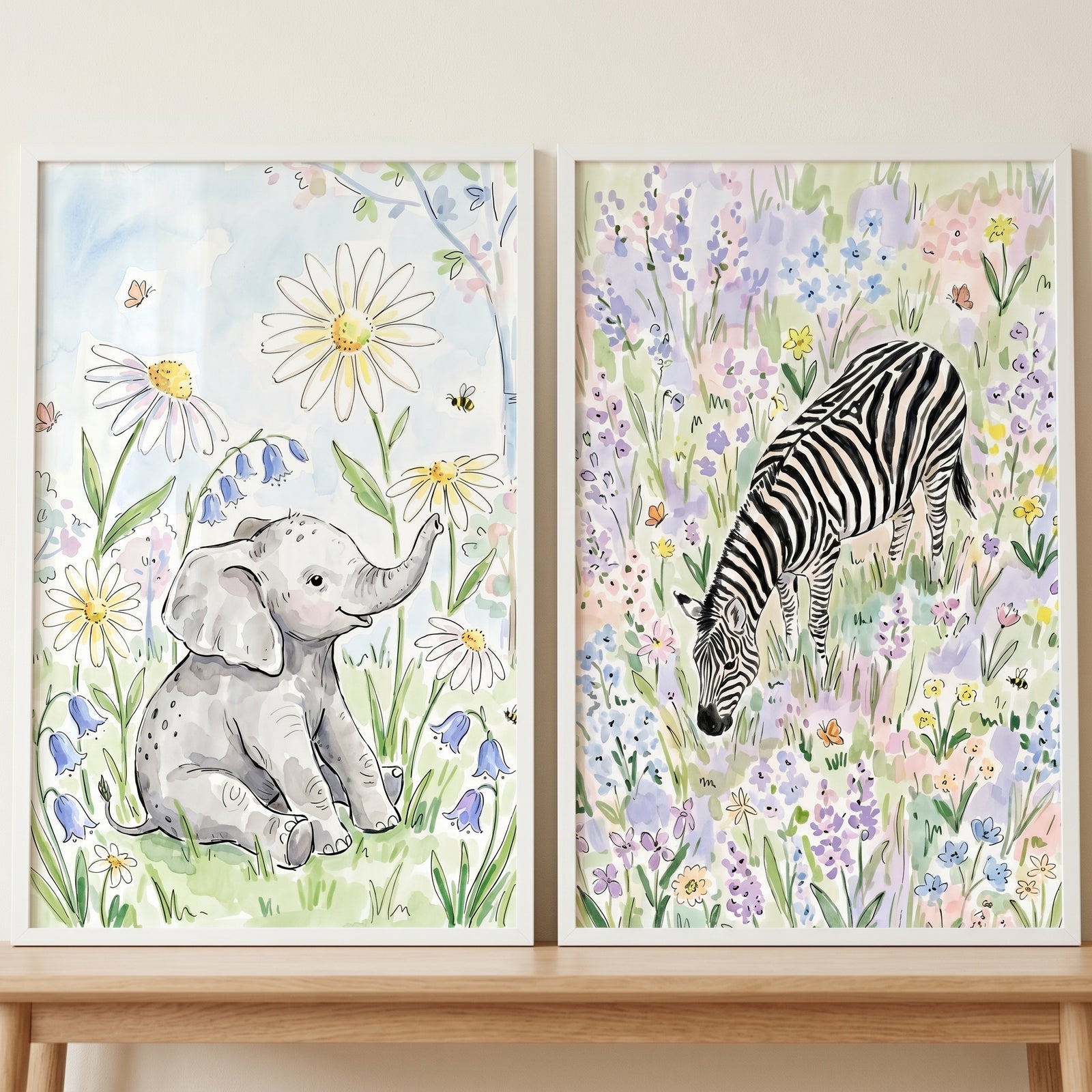 Soft botanical safari animal wall art set of 2 featuring an elephant and a zebra in colorful wildflower fields.