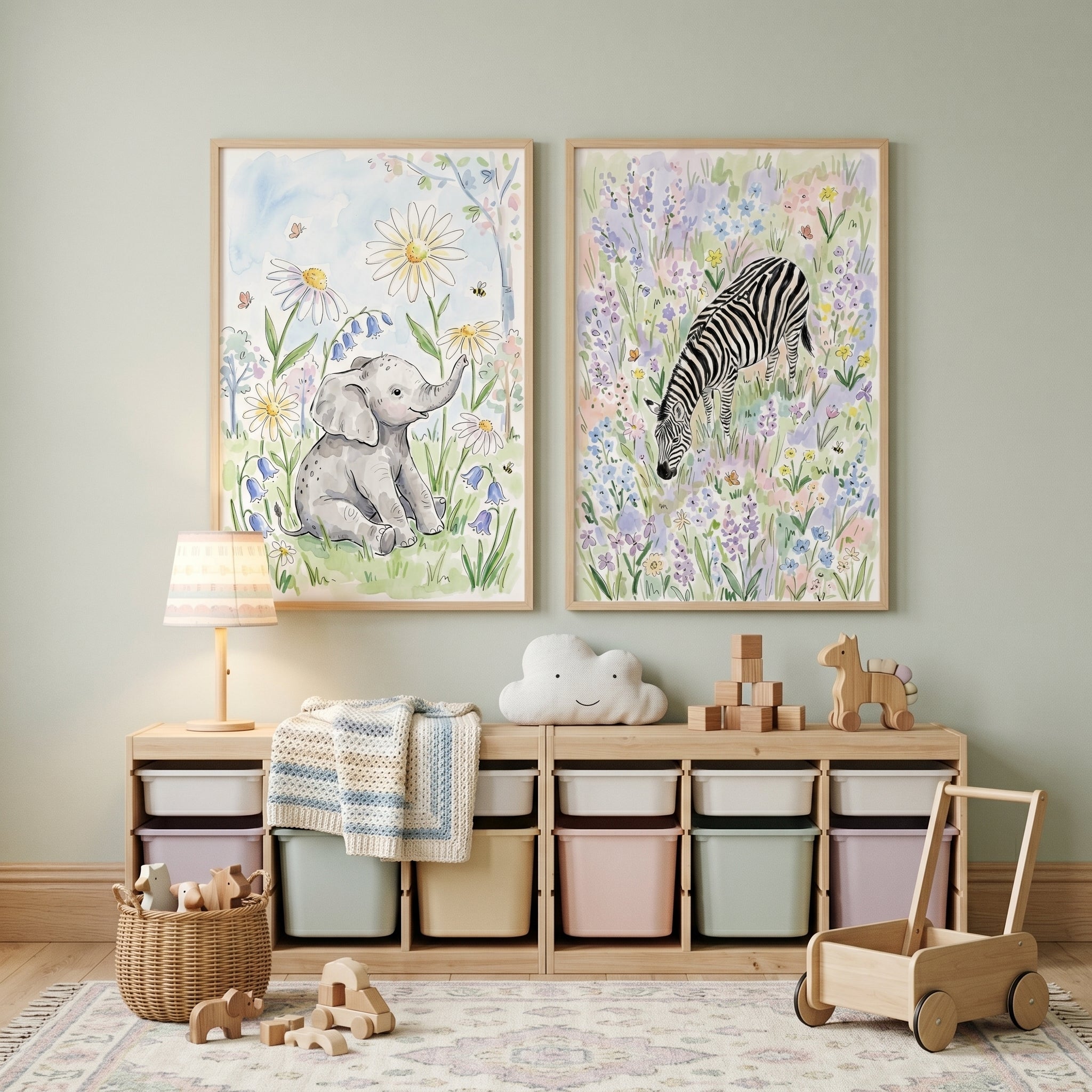 Soft Botanical Safari Animal Wall Art Set of 2 - Whimsical Safari Pals