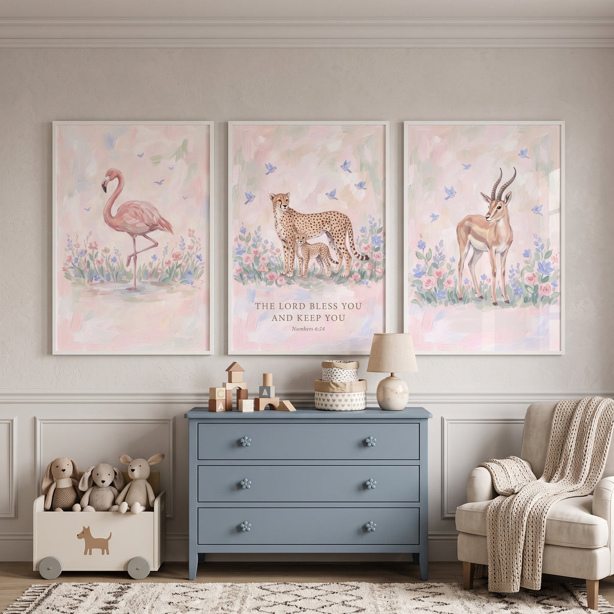 Soft Botanical Savanna Animals Wall Art Set Of 3 - Serene Savannah Trio