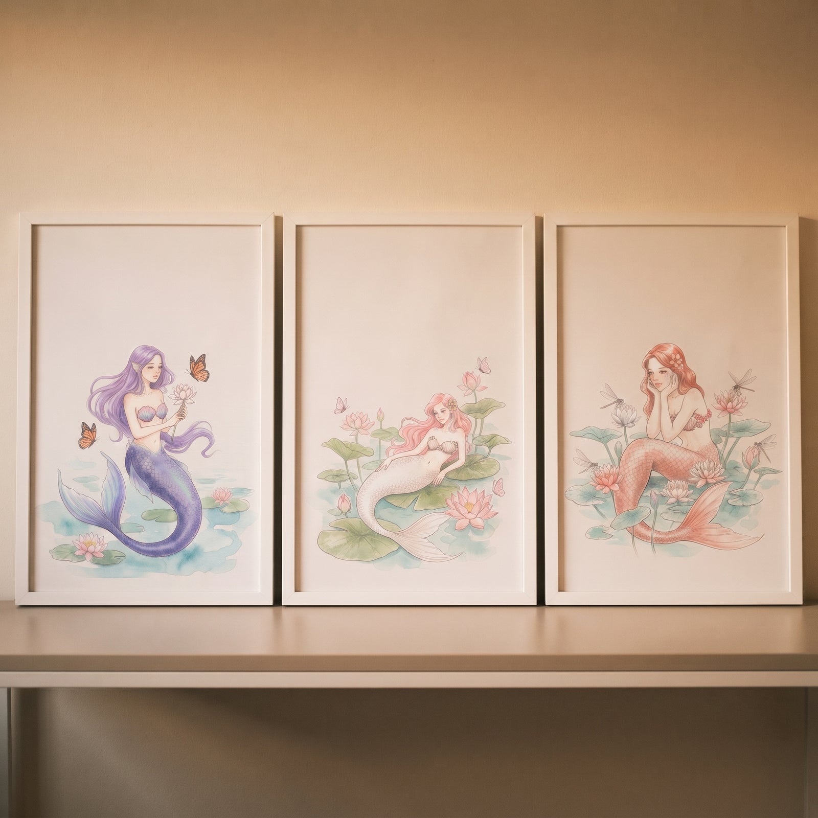 Soft botanical watercolor mermaid wall art set of 3 with purple, pink, and peach mermaids, butterflies, and lotus flowers.
