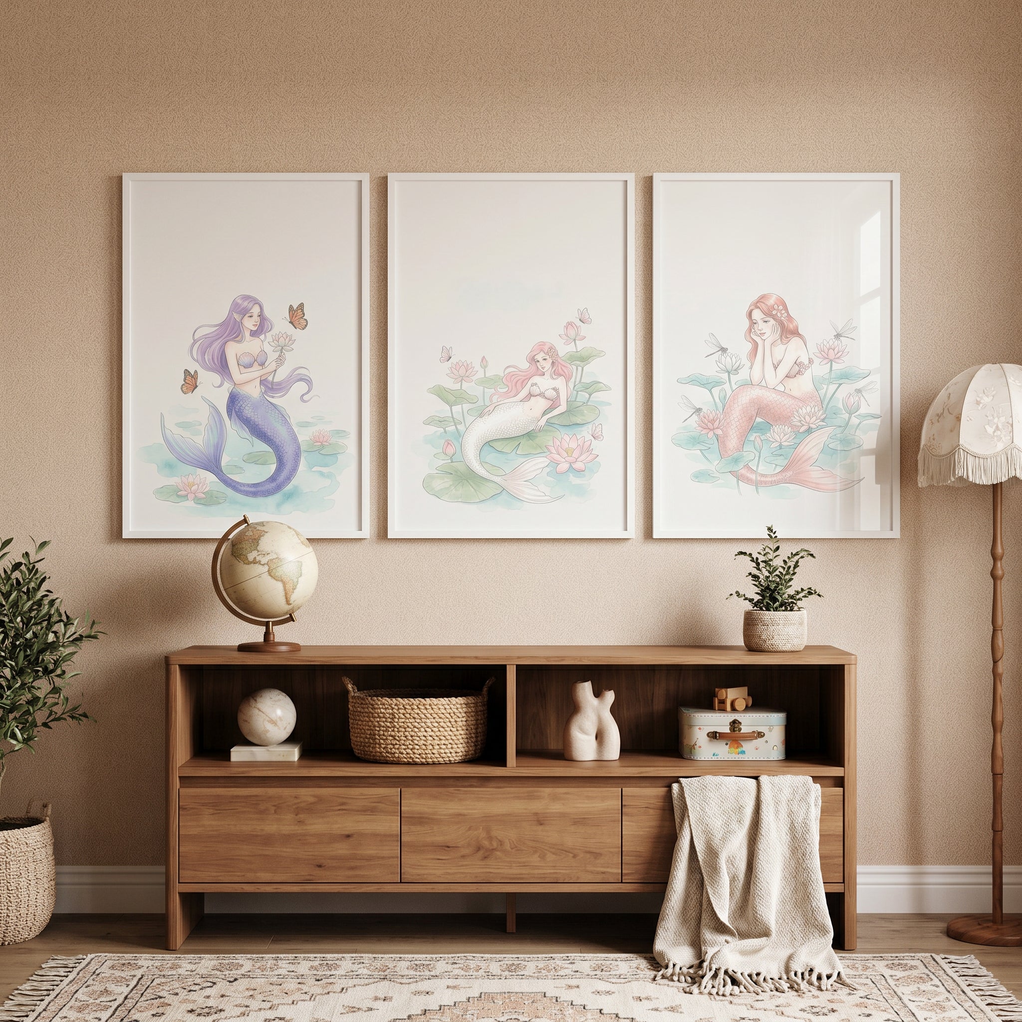 Soft Botanical Watercolor Mermaid Wall Art Set of 3 - Serene Lily Mermaids