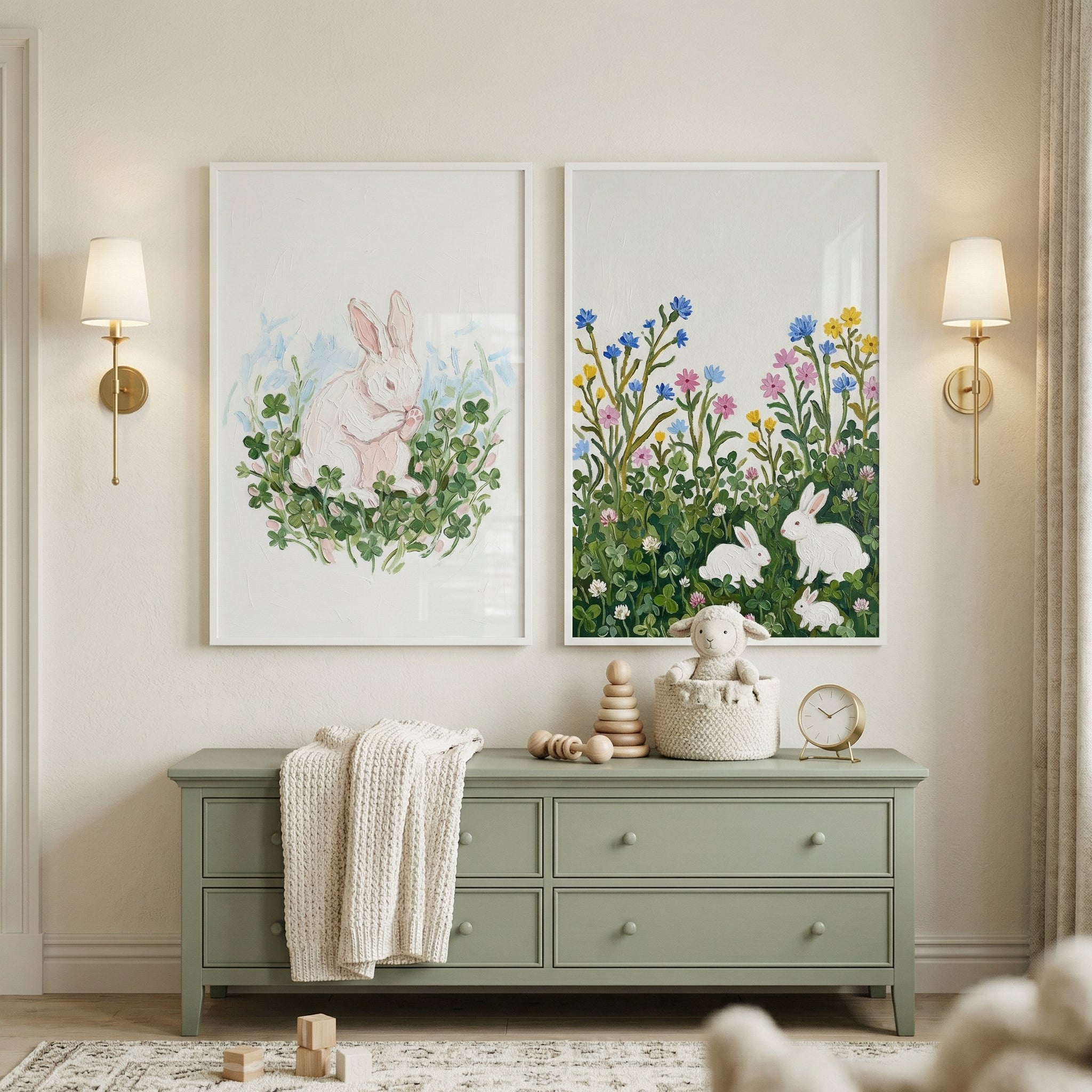 Hanging on a beige wall above a sage green dresser are two white-framed, textured paintings. The artwork features white bunnies in nature scenes: a single bunny sitting among green clovers on the left, and three bunnies resting in a floral meadow on the right.