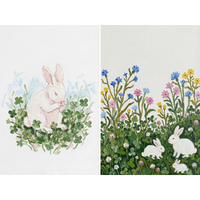 Two side-by-side illustrations on a white background feature white rabbits in nature. The left image shows a single white rabbit with soft pink accents nestled within a ring of green clovers and light blue brushstrokes. On the right, three white rabbits are depicted in a lush field of deep green clovers and tall blue, yellow, and pink wildflowers. Both compositions use thick, visible texture to give the subjects a layered, three-dimensional appearance.