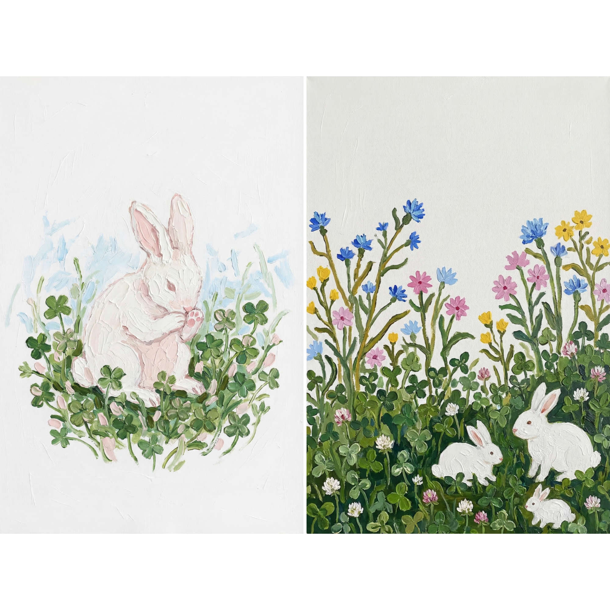 Soft Botanical White Bunny Wall Art Set of 2 - White Rabbit Meadow