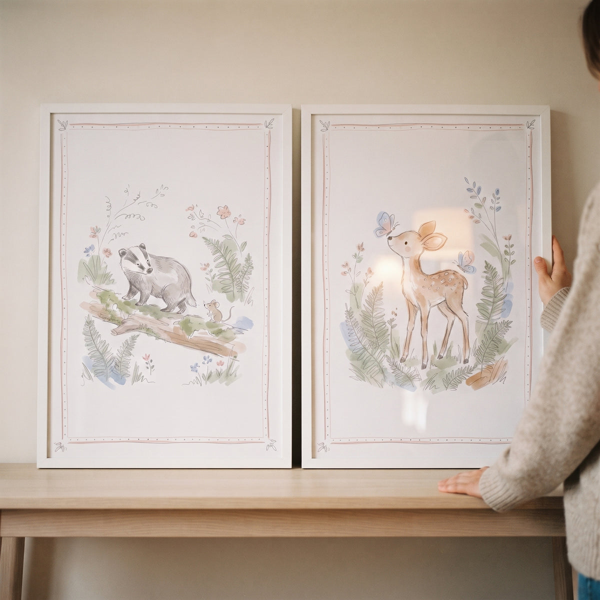 Soft botanical woodland animal wall art set of 2 in white frames showing a badger on a log and a deer with a butterfly.