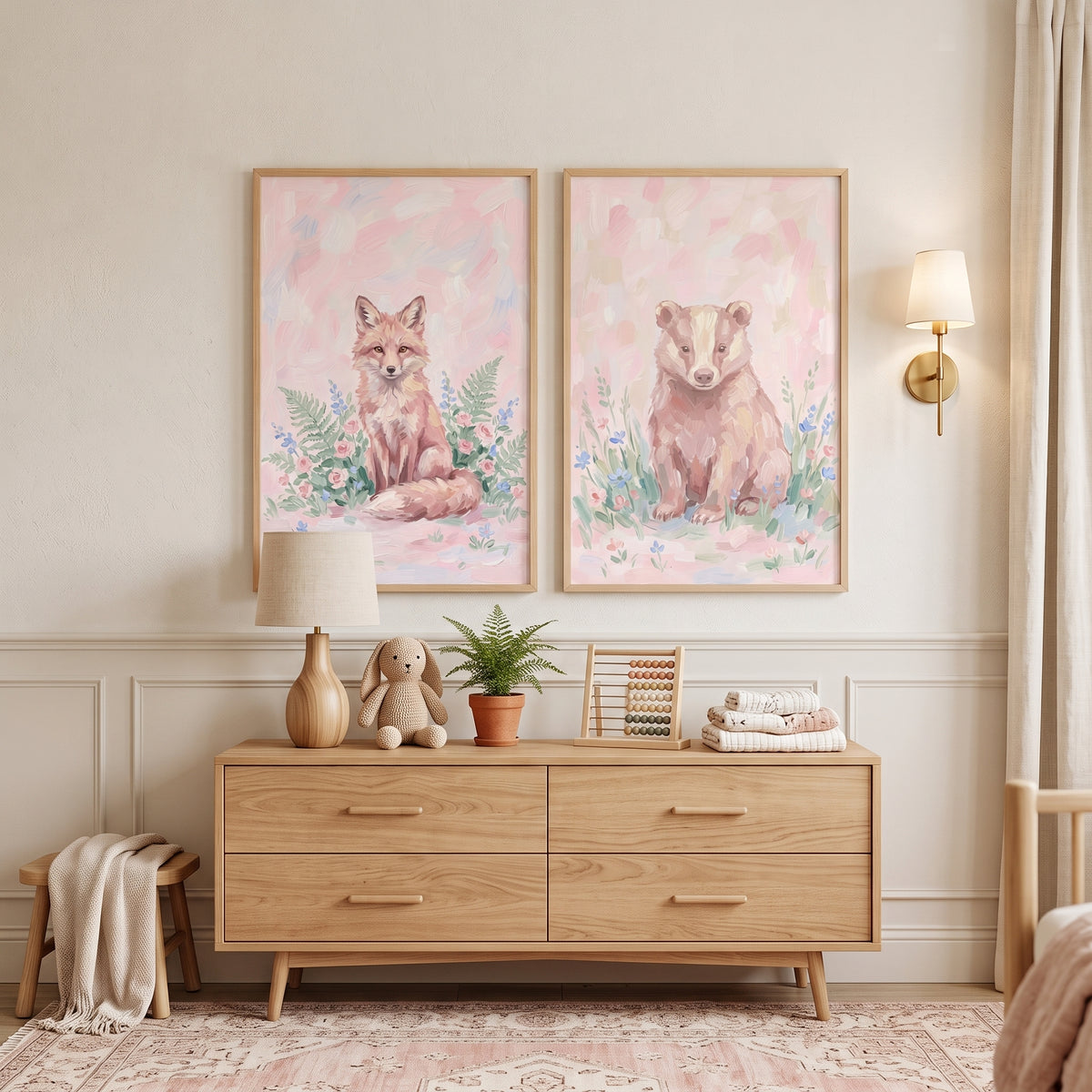 Soft Brushstroke Forest Animals Wall Art Set of 2 - Blush Woodland Duo