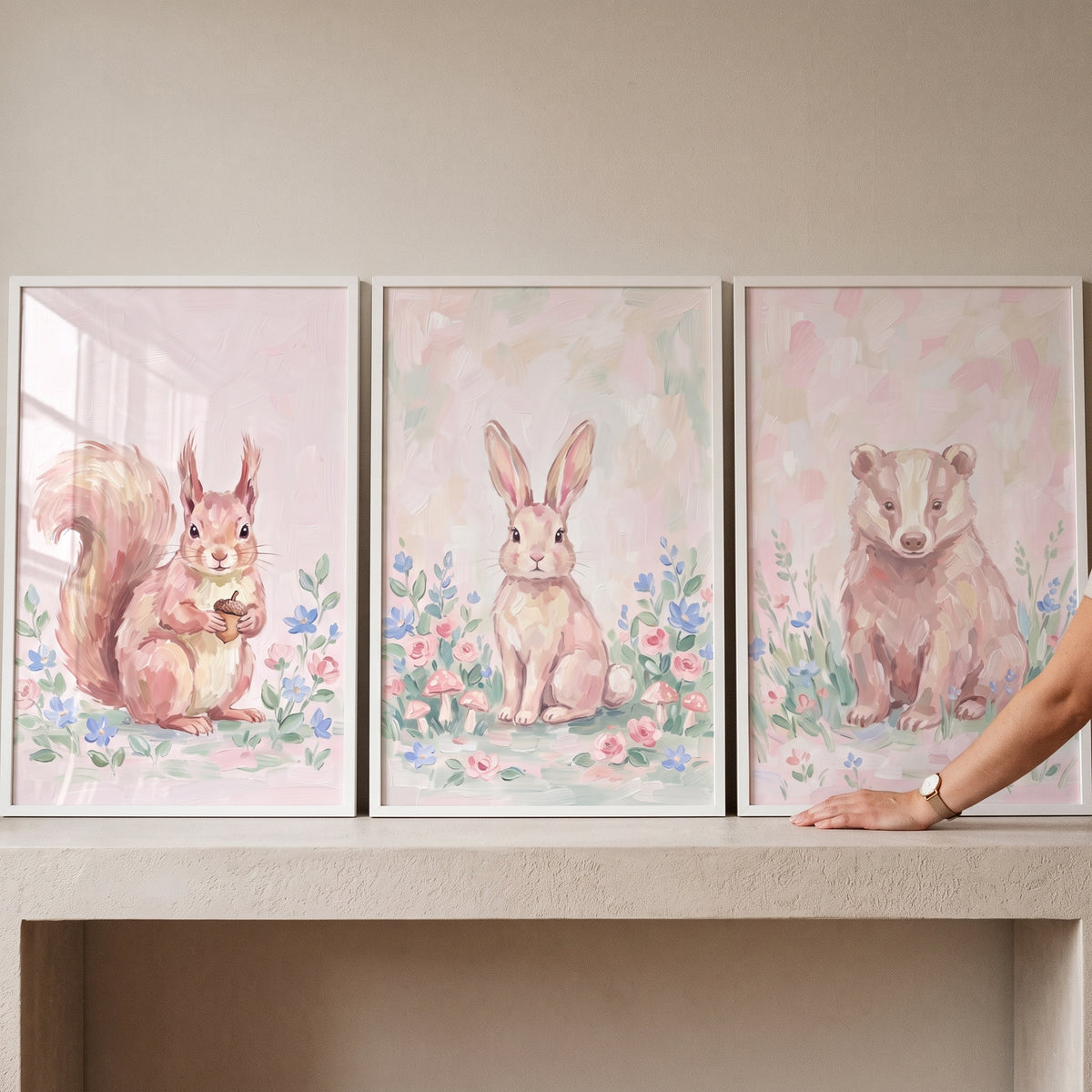 Soft Brushstroke Woodland Animals Wall Art Set of 3 - Pastel Forest Trio