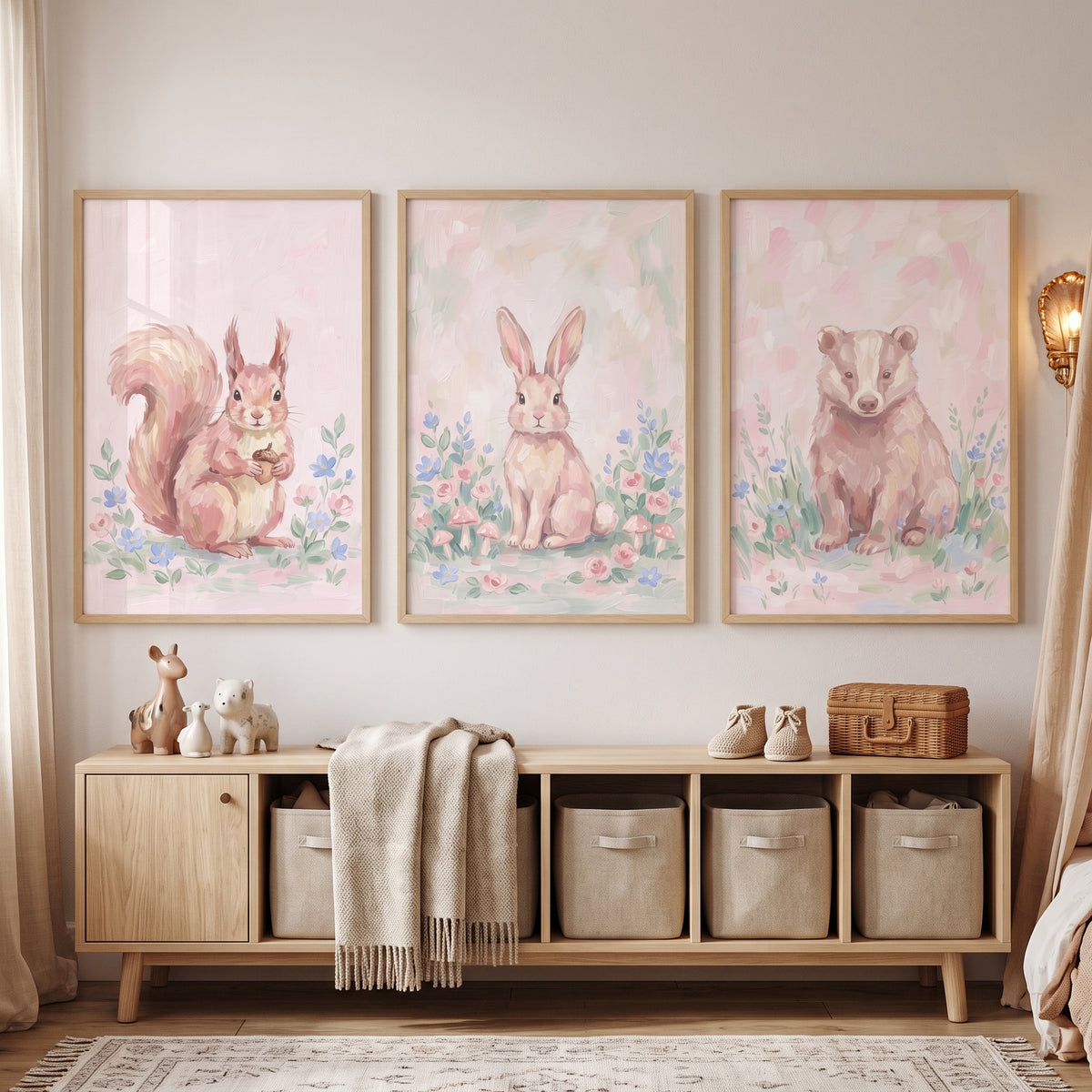 Soft Brushstroke Woodland Animals Wall Art Set of 3 - Pastel Forest Trio