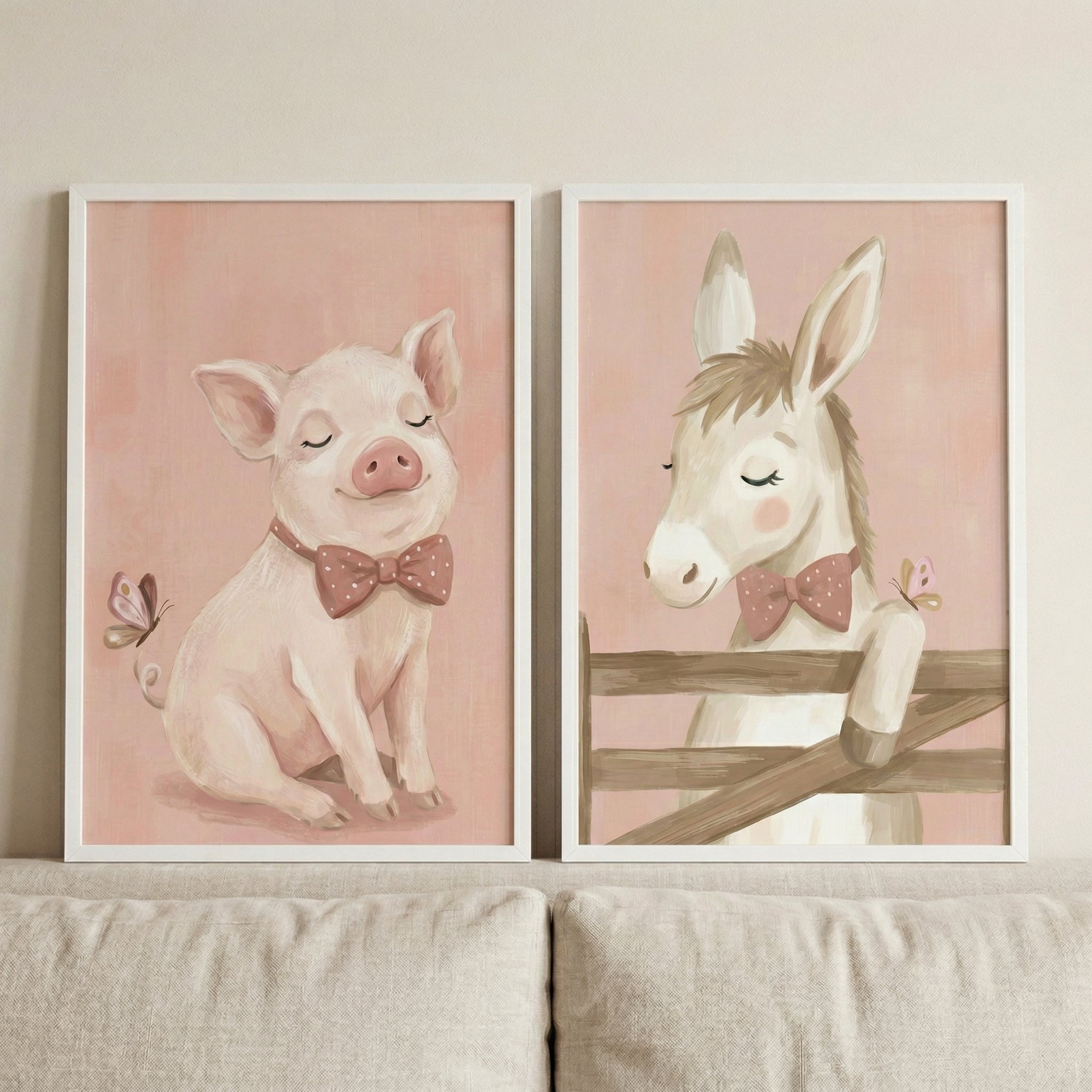 Soft Butterfly Farm Animal Wall Art Set of 2 - Sweet Barnyard Pals