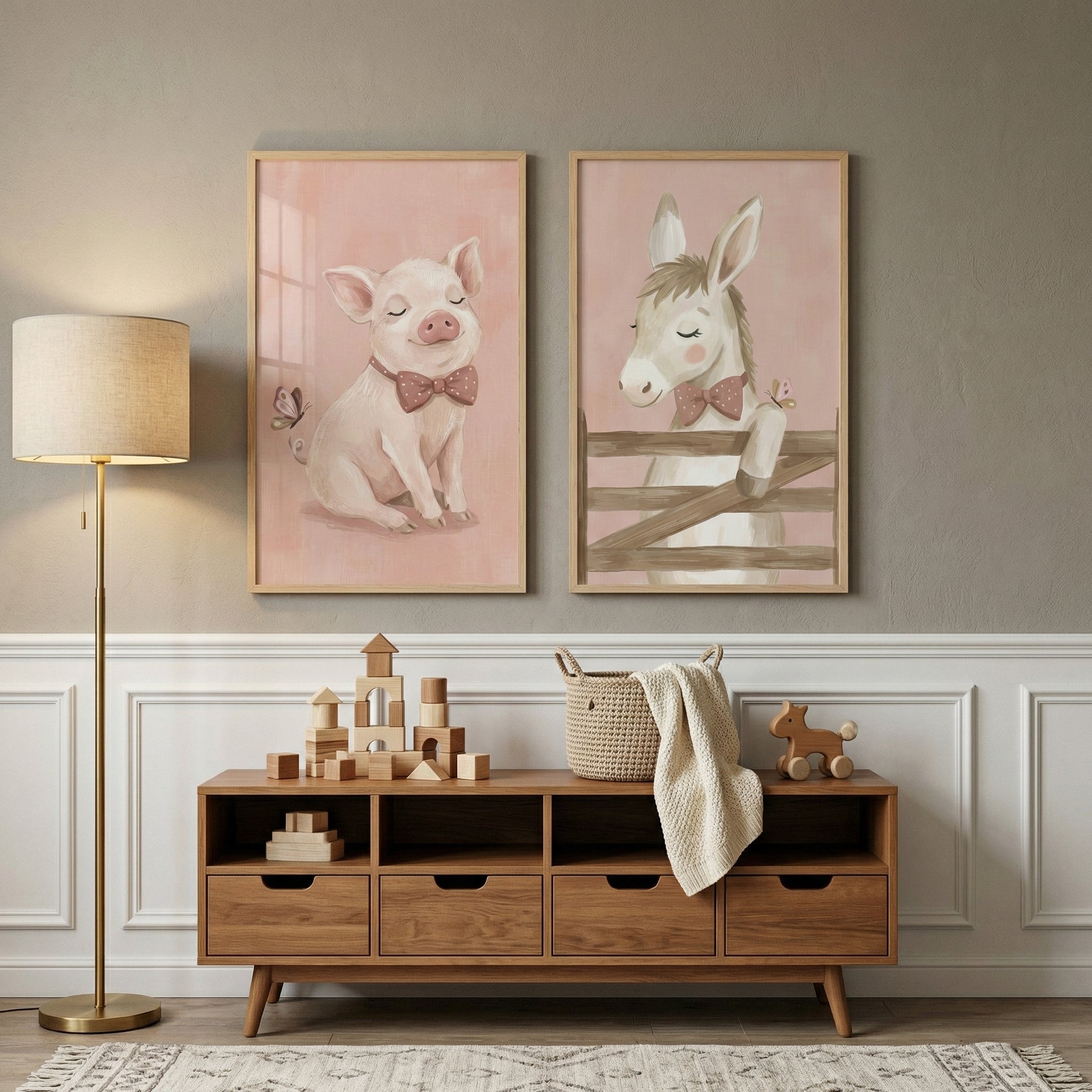 Soft Butterfly Farm Animal Wall Art Set of 2 - Sweet Barnyard Pals