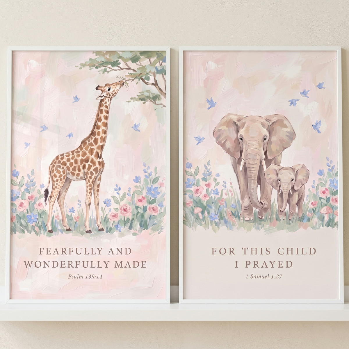 soft christian safari animal bible wall art set of 2 with a giraffe, elephant and baby, flowers, and scripture.