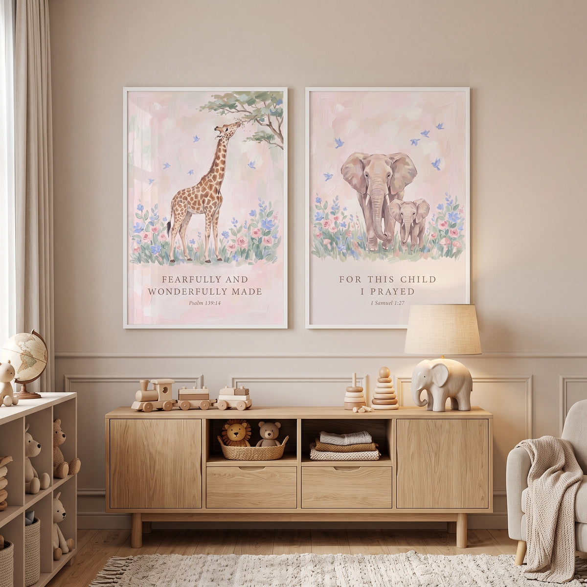 Soft Christian Safari Animal Bible Wall Art Set of 2 - Sacred Nursery Animals