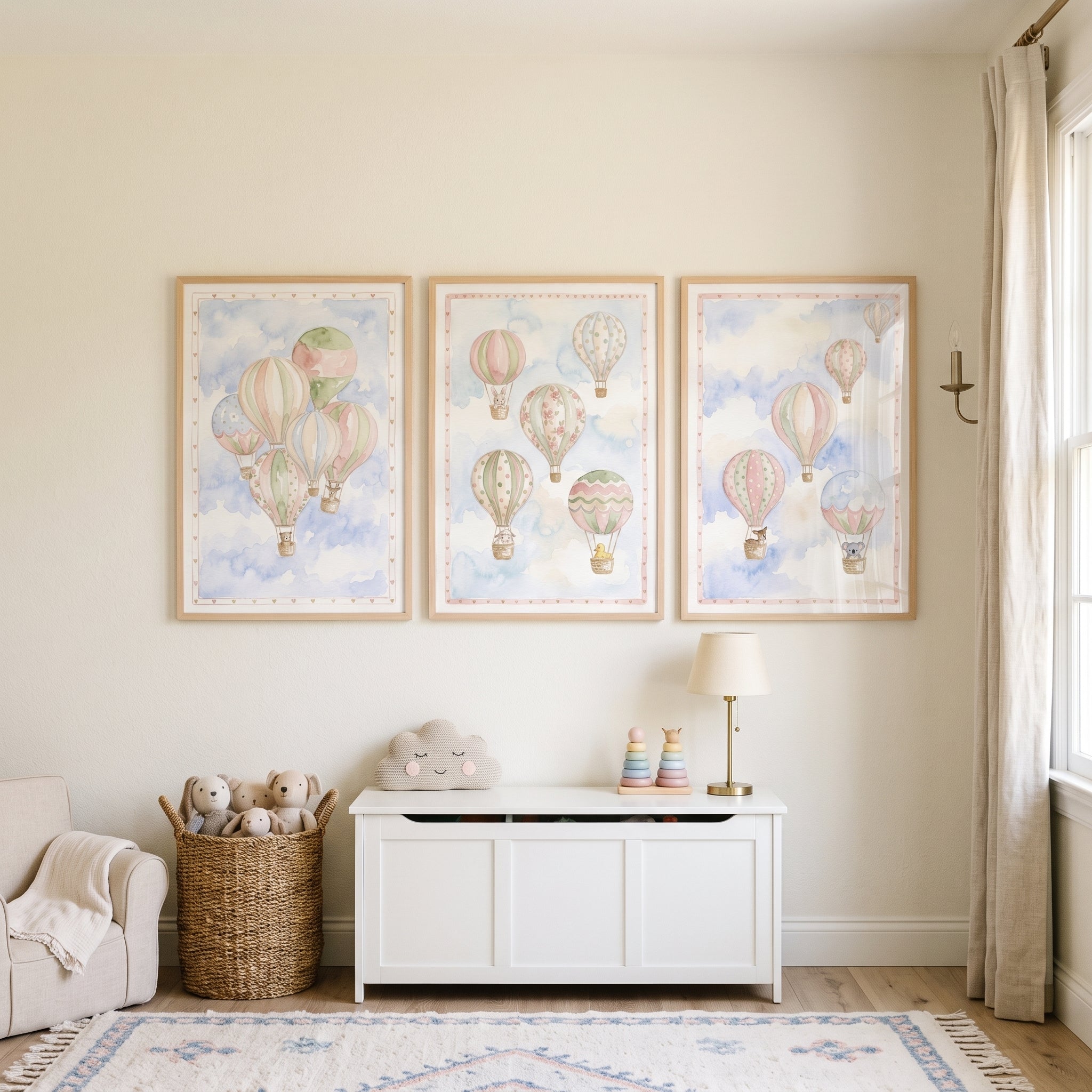 Soft Clouds Animal Balloon Wall Art Set Of 3 - Watercolor Balloon Friends