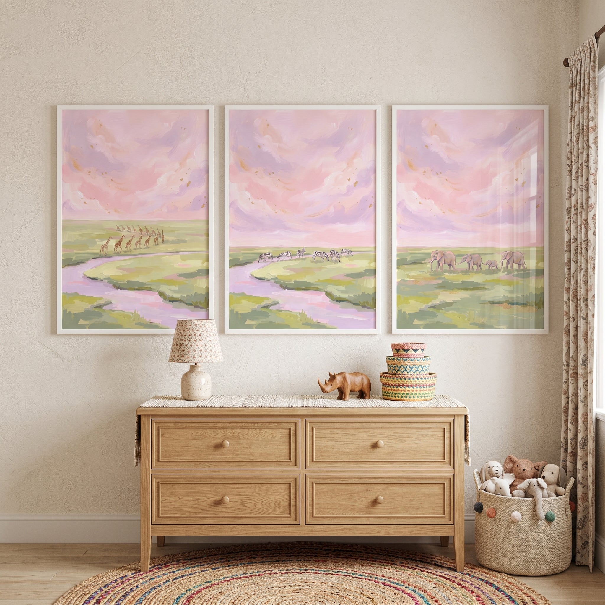 Soft Cloudy Safari Animals Wall Art Set of 3 - Pink Savanna Skies