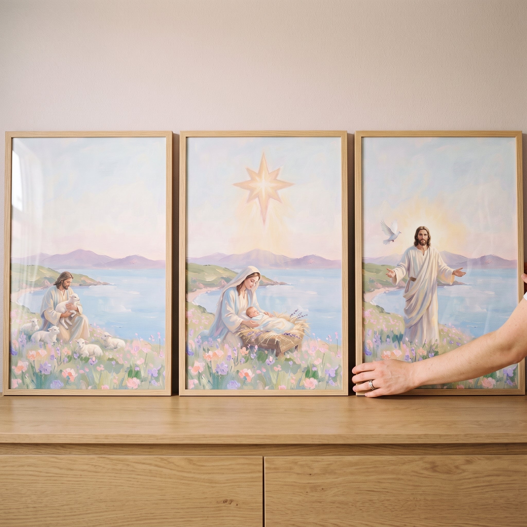 Soft Coastal Lilac Jesus Wall Art Set of 3 - Life Of Jesus