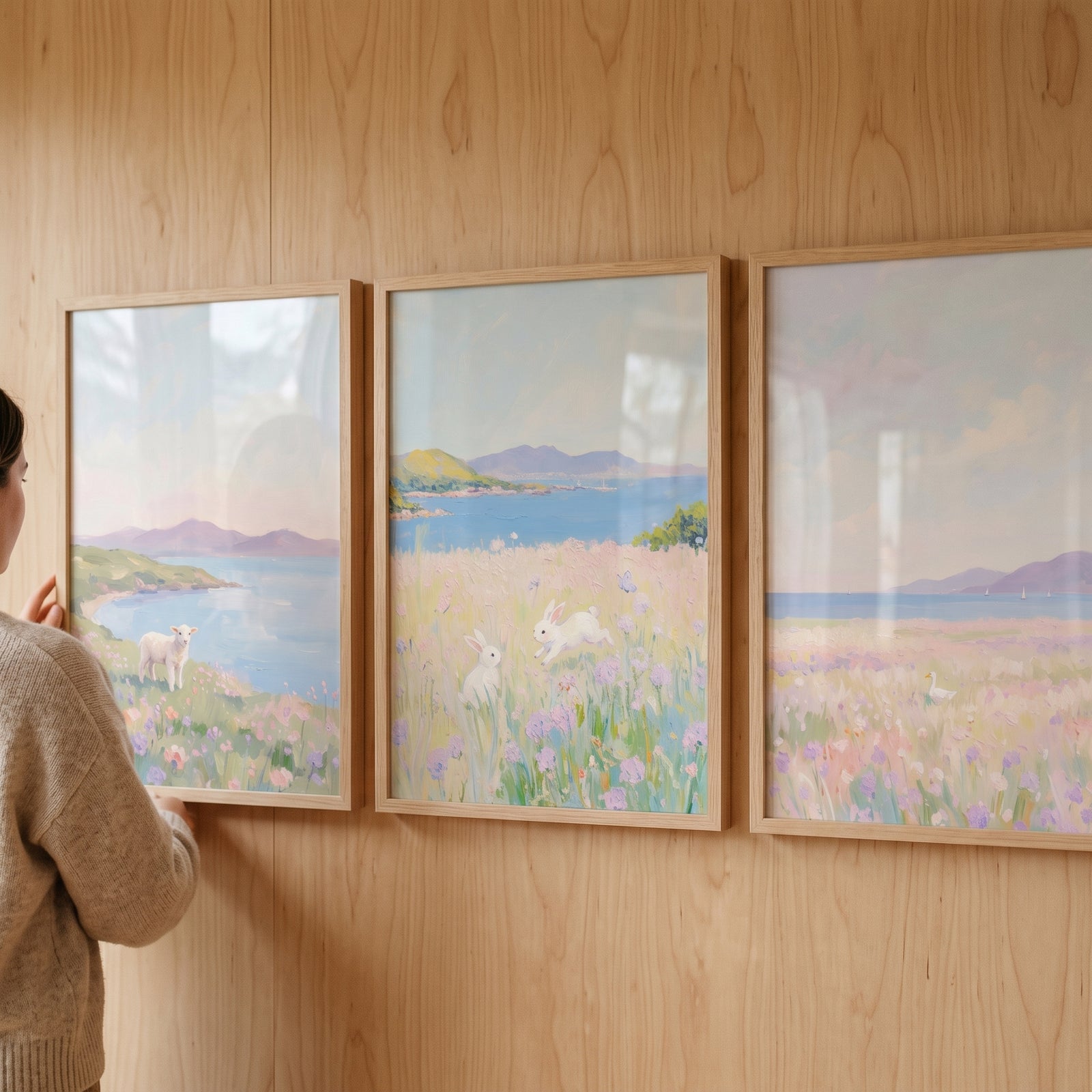 A woman hangs a soft coastal meadow animal wall art set of 3 featuring a lamb and rabbits on a light wood wall.