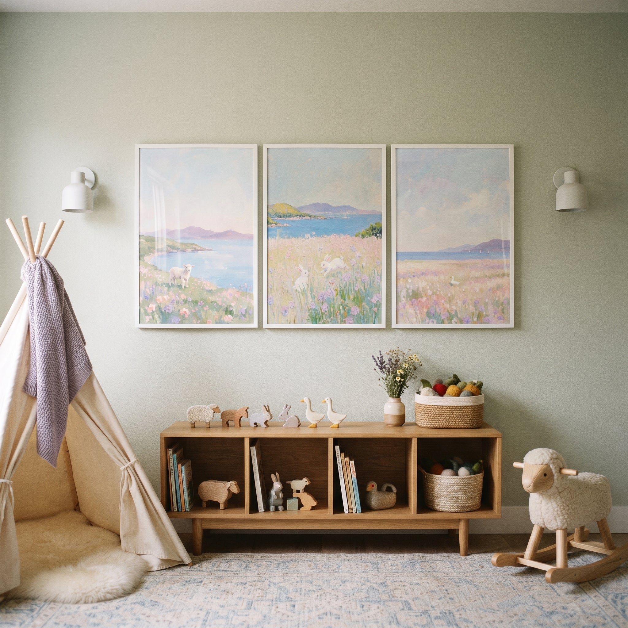 Soft Coastal Meadow Animal Wall Art Set of 3 - Pastel Coastal Meadow