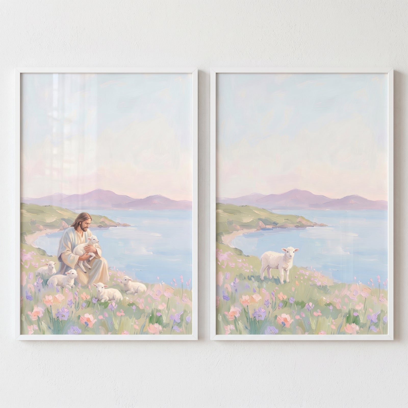 Jesus and lambs in a floral seaside meadow in this soft coastal wildflower wall art set of 2.