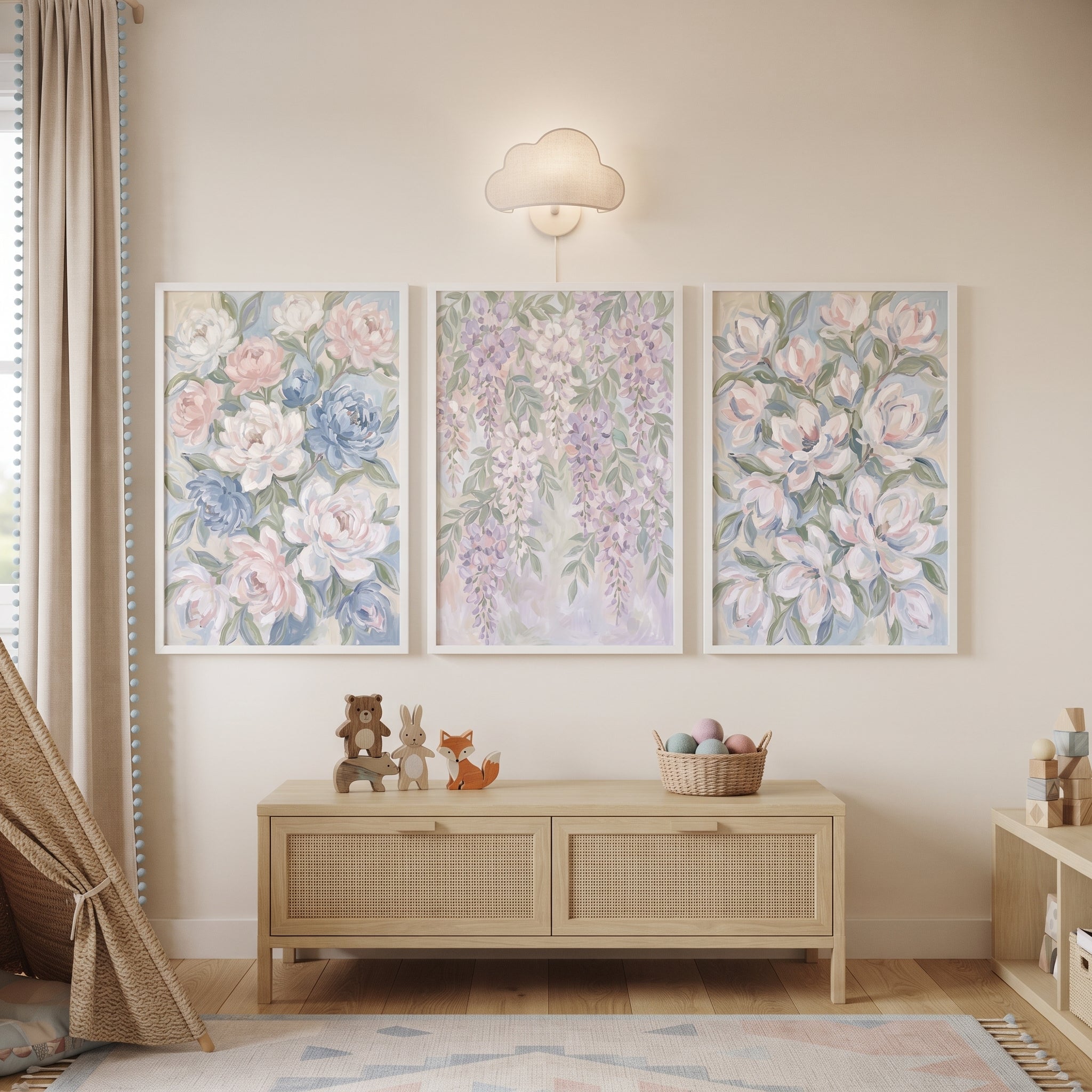 Soft Cottagecore Pastel Floral Wall Art Set of 3 - Whispering Garden Petals