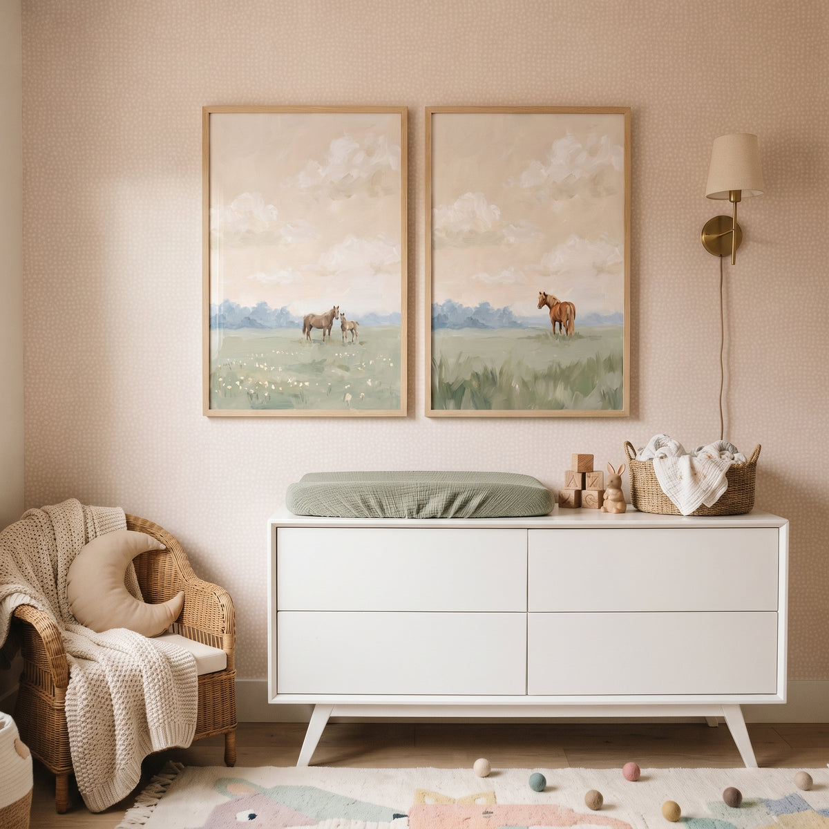 Soft Countryside Landscape Horse Wall Art Set Of 2 - Serene Pasture Life