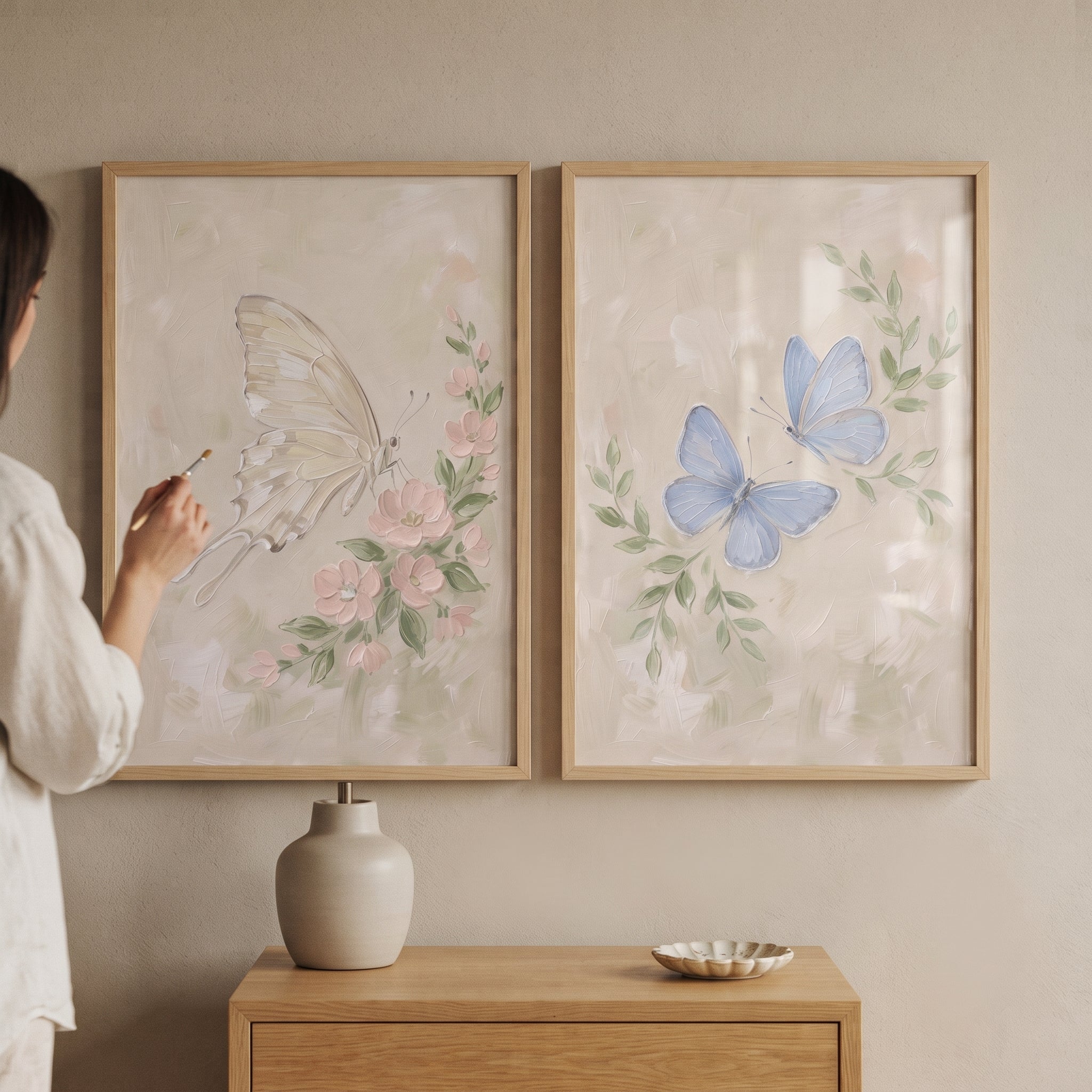 Soft Cream Floral Butterfly Wall Art Set of 2 - Delicate Winged Duo