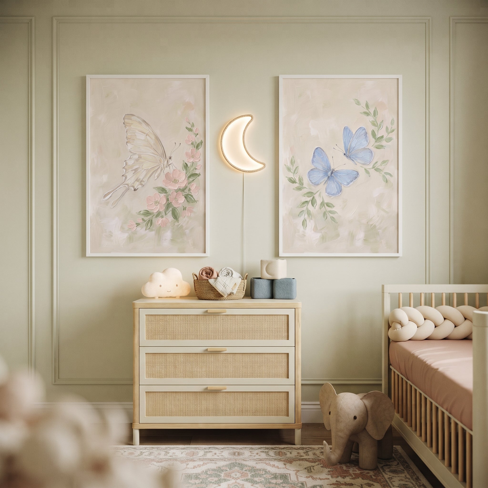 Soft Cream Floral Butterfly Wall Art Set of 2 - Delicate Winged Duo