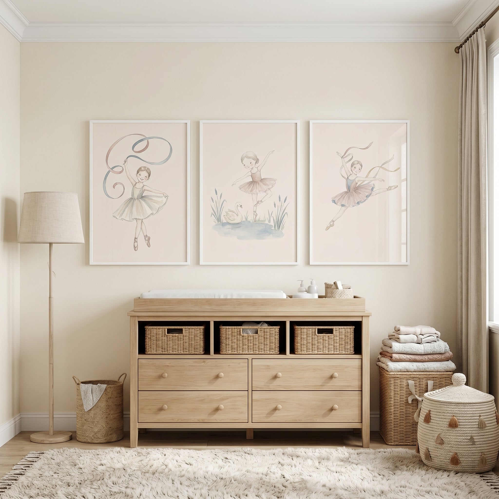Soft Cream Watercolor Ballerina Wall Art Set of 3 - Graceful Ballet Dreams