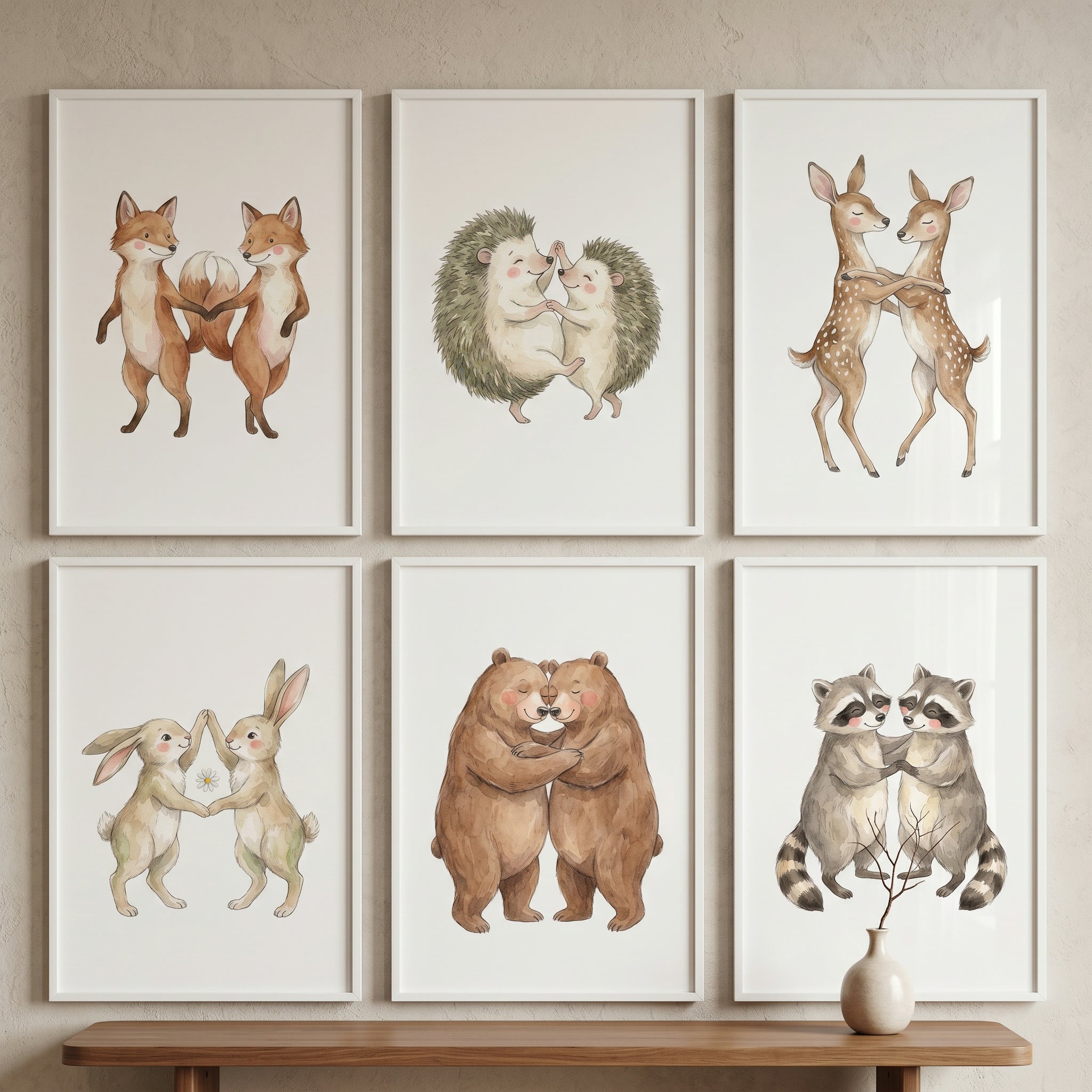 Soft Dancing Animal Wall Art Set of 6 - Woodland Animal Hugs