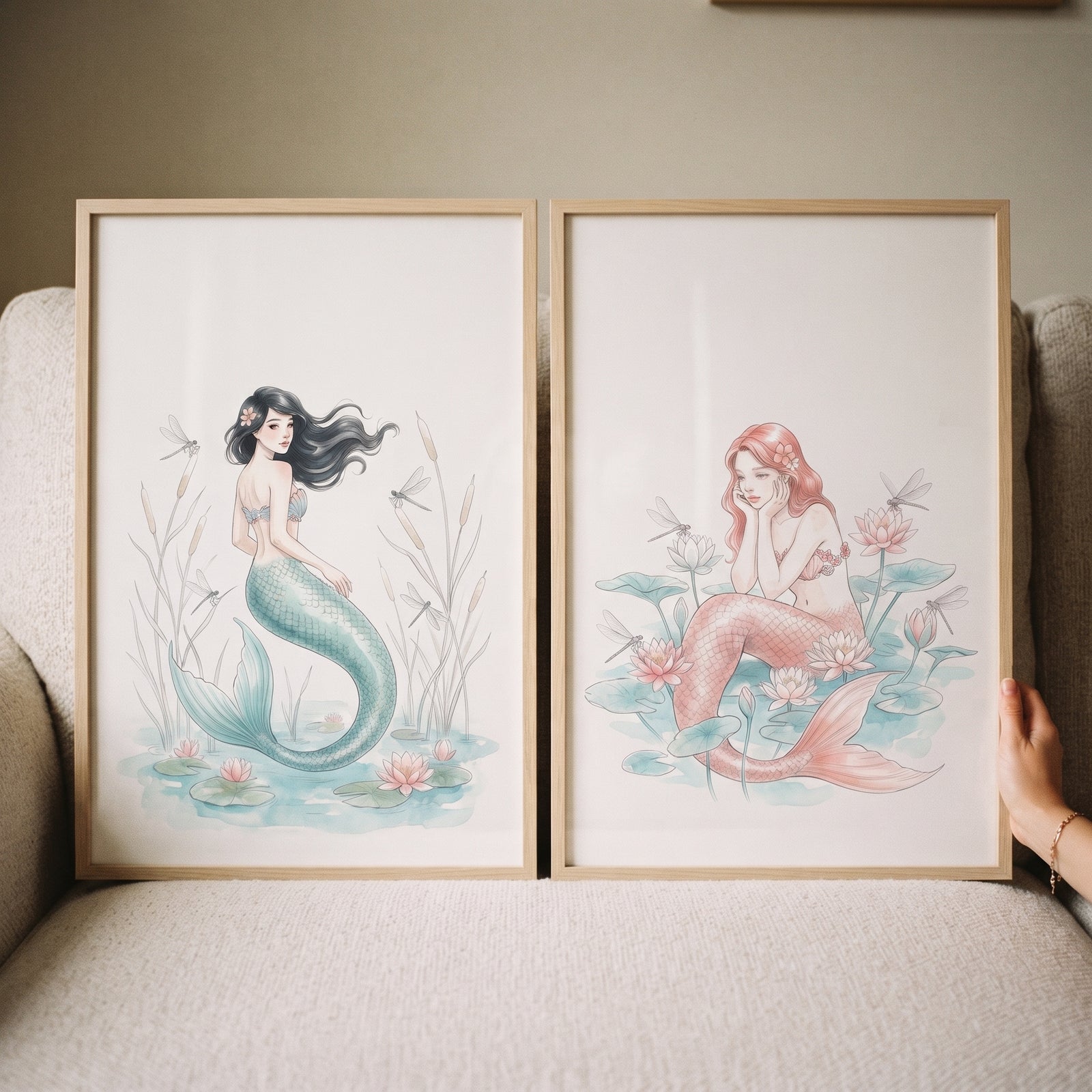 Soft dragonfly pond mermaid wall art set of 2 framed prints with teal and pink mermaids among lilies and dragonflies.
