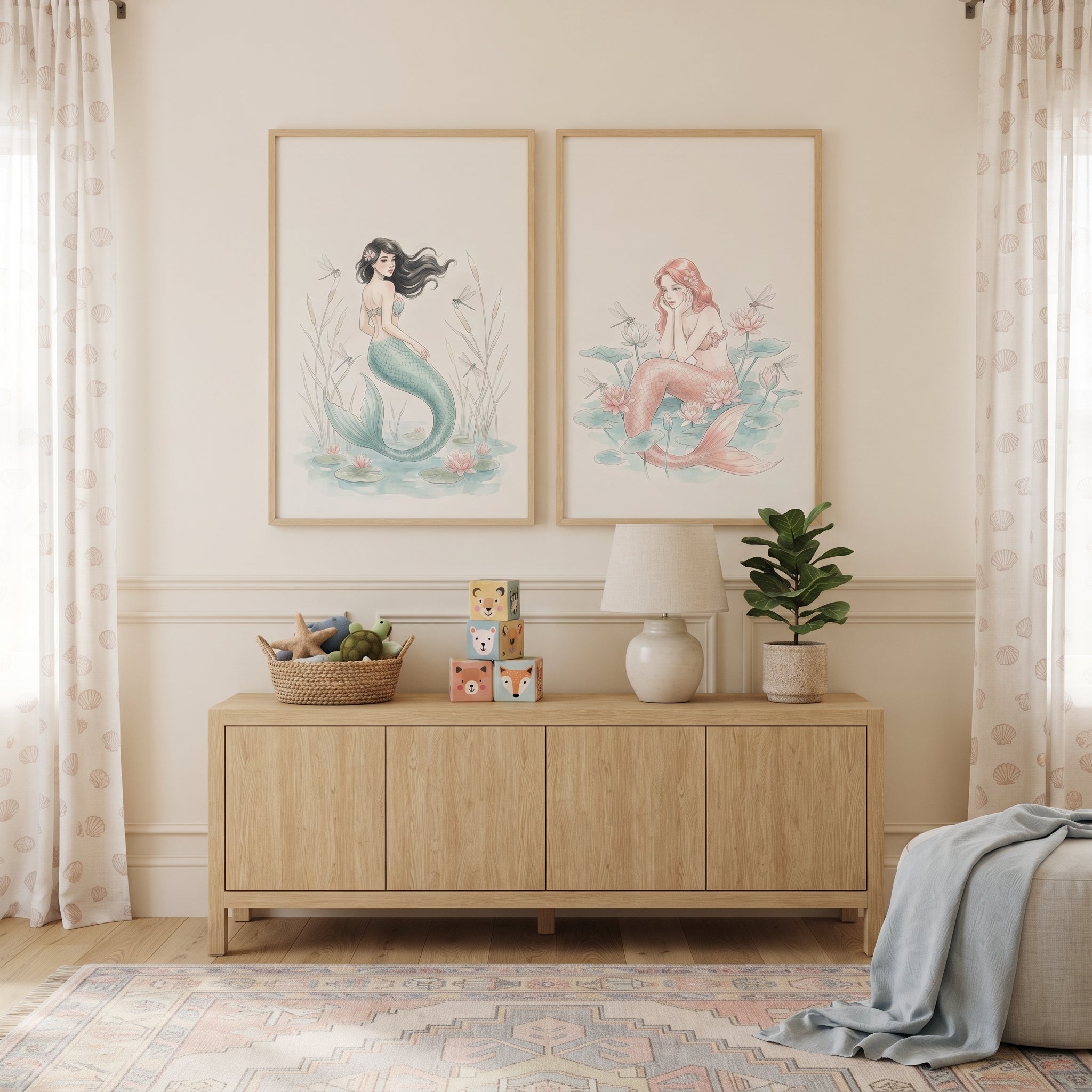 Soft Dragonfly Pond Mermaid Wall Art Set of 2 - Enchanted Lotus Mermaids