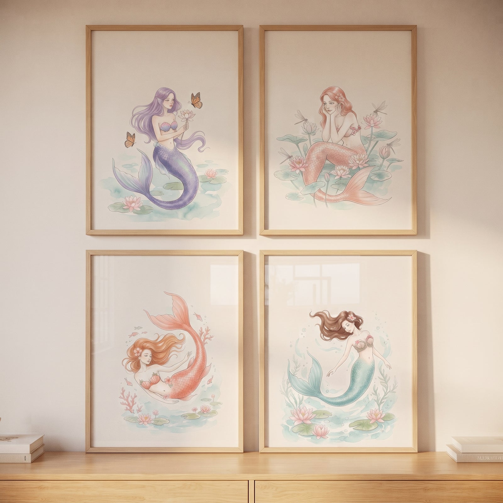 Soft dreamy aquatic mermaid wall art set of 4. Framed pastel watercolor illustrations of mermaids in floral water.